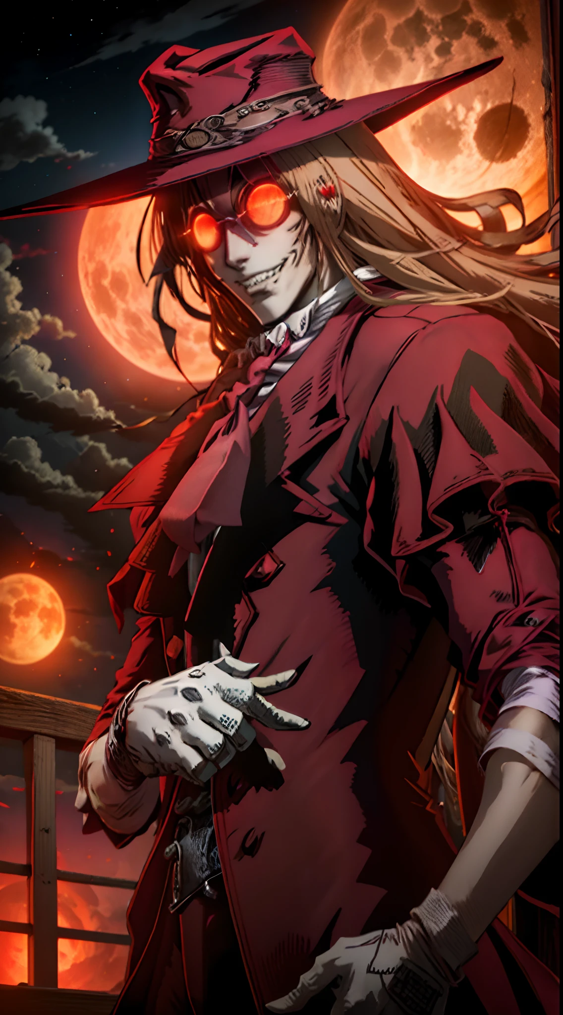 Hellsing, personagem alucard, Standing character,  sobretudo vermelho, olhos vermelhos, paisagem de noite, lua vermelha de fundo,