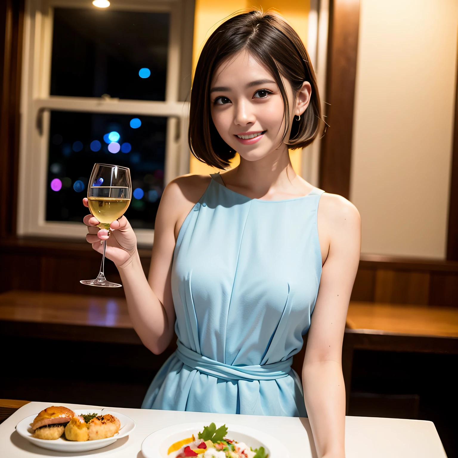 (64K、UHD、top-quality、​masterpiece:1.2)、(realisitic、Photorealsitic:1.37)、ultra-detailliert、1 pretty lady、(Slim Faces)、(Slim body)、（brawn hair）、(short-cut)、blush a little on the cheeks、(44 years old)、38 years、独奏、Beautiful detailed urban night view outside the window、resturant、Wine glasses in a prominent place、natta、(from waist up)、sitting on、date、(a smile:1.15)、Beautiful fine eyes、The upper part of the body、bustup、natta、party dress、japanes、(short-hair:1.2)、Float NovaFrogStyle、女優、modeled、from waist up、white wine、Slimed、wine glasses、Super beautiful night view、Put the wine glass in the middle、Happy smile、everyday clothes