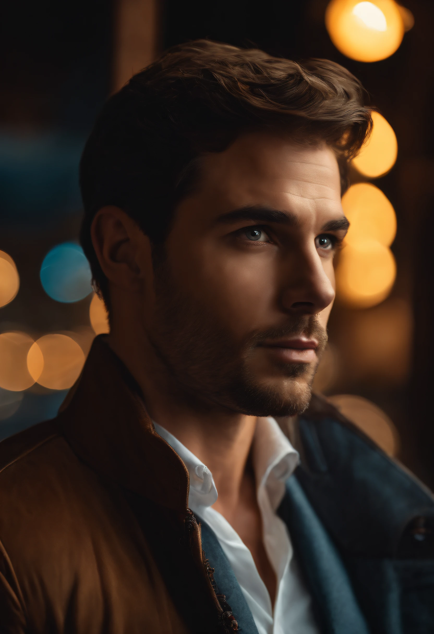 Realistic movie star portrait in a plain environment. Male, Short hair, unshaved, Smart look.