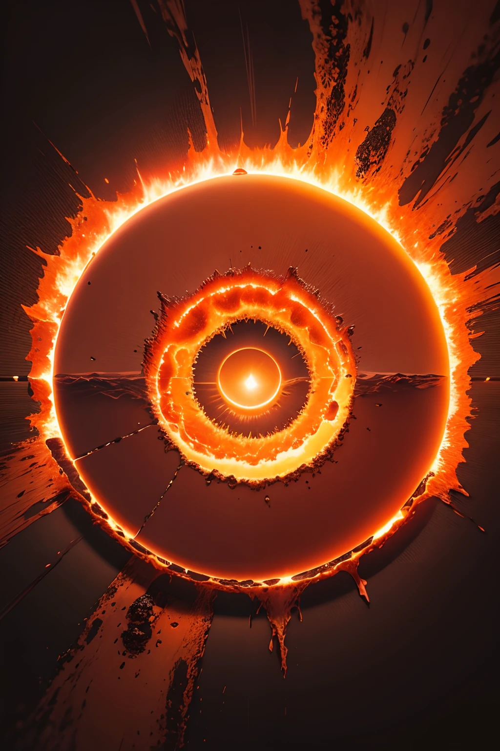 Disintegrating Circle in the Middle, top down view ,Ring of lava waves, Volcanic landscape at night, dark spots on lava, Warm and dark colors, Bright orange splashes,Logo