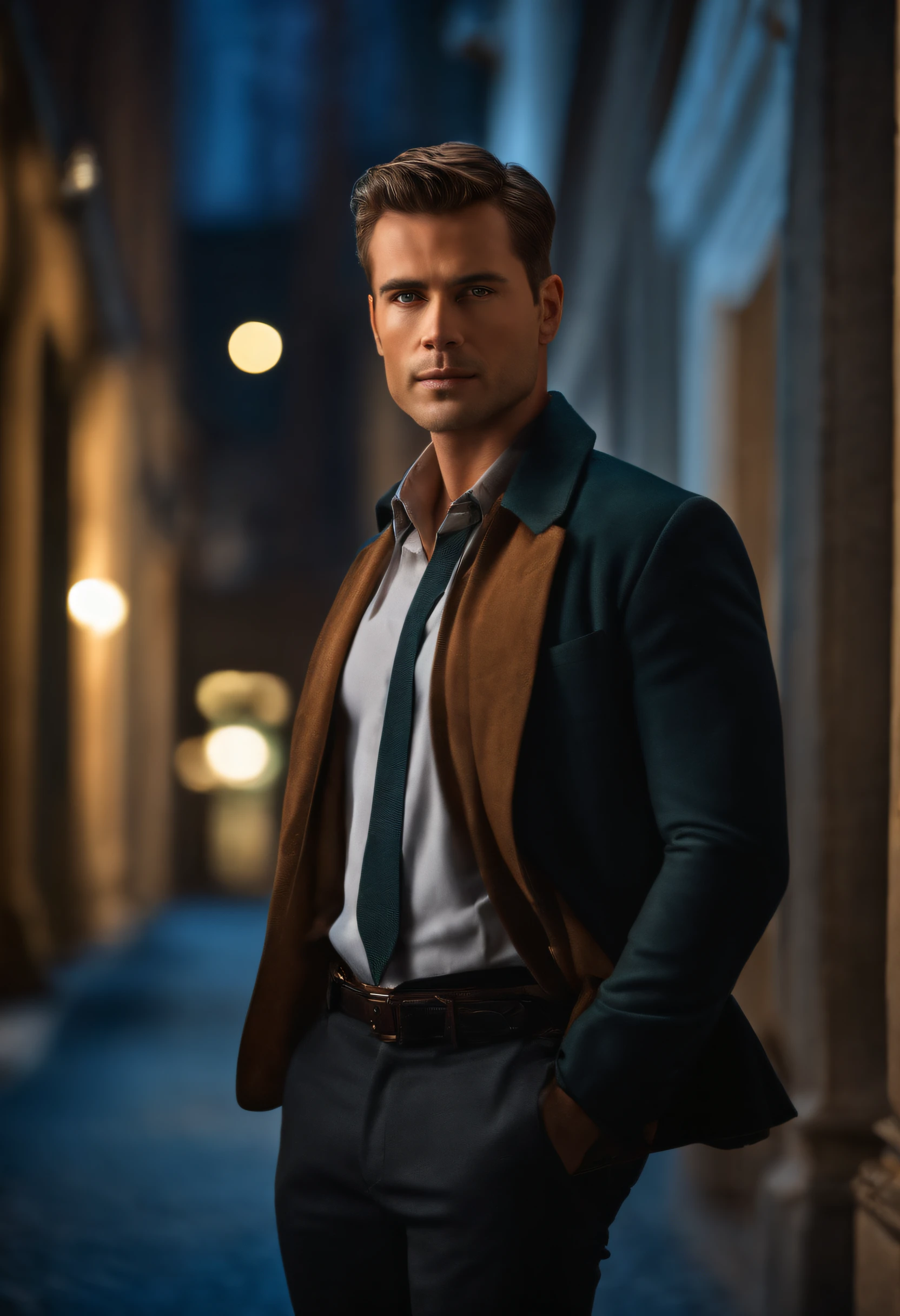 Realistic movie star portrait in a plain environment. Male, Short hair, unshaved, Smart look.