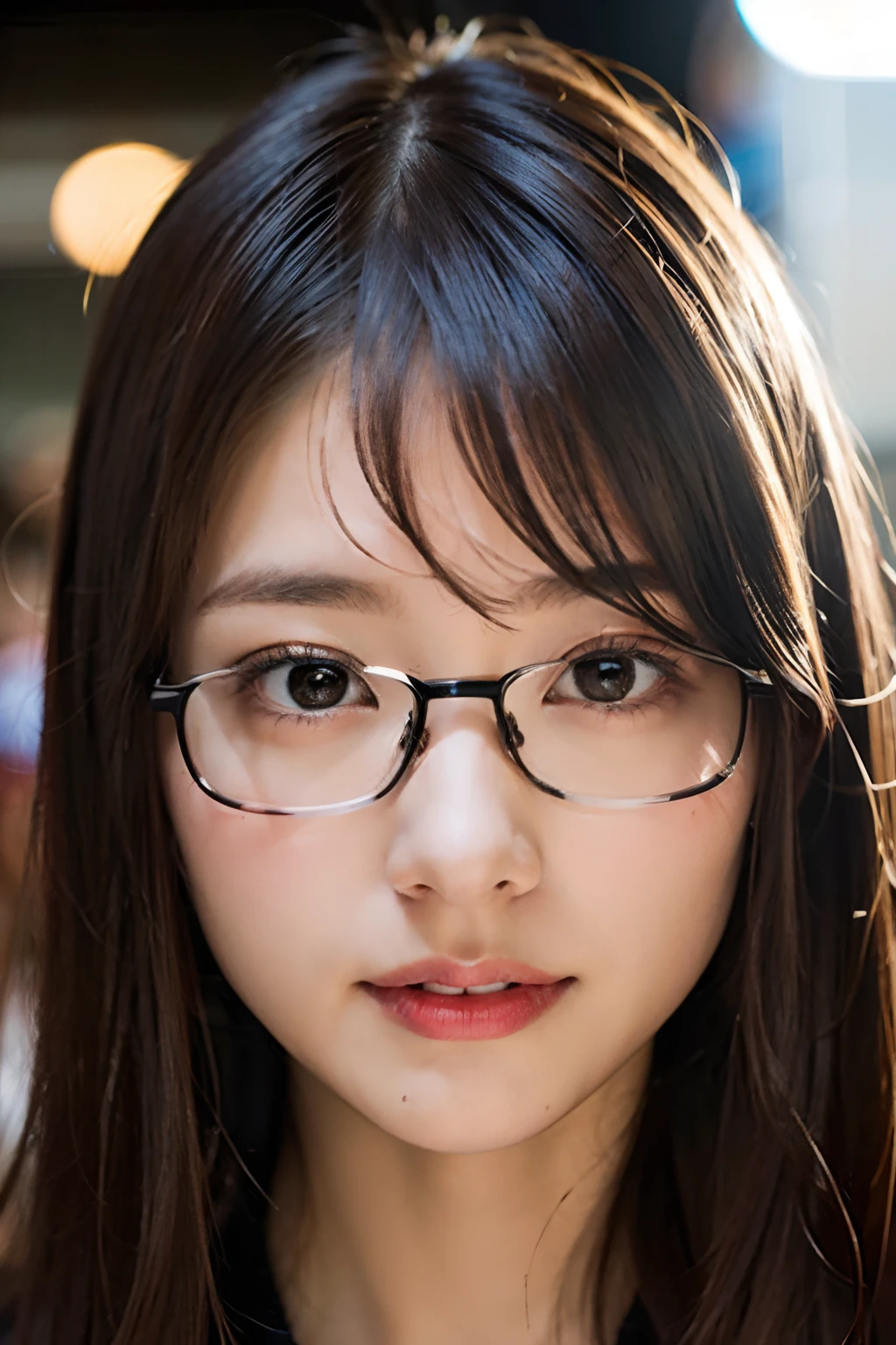 (8K、Raw photography、top-quality、masterpiece:1.2)、(realisitic、Photorealsitic:1.37)、ultra-detailliert、超A high resolution、1人、see the beholder、beautifull detailed face、A smile、Constriction、(Slim waist) :1.3)、short-cut、Beautiful detailed skin、Skin Texture、Floating hair、Professional Lighting、Wait for the platform train、Square glasses with black rimming 、Whole human body、Brown hair