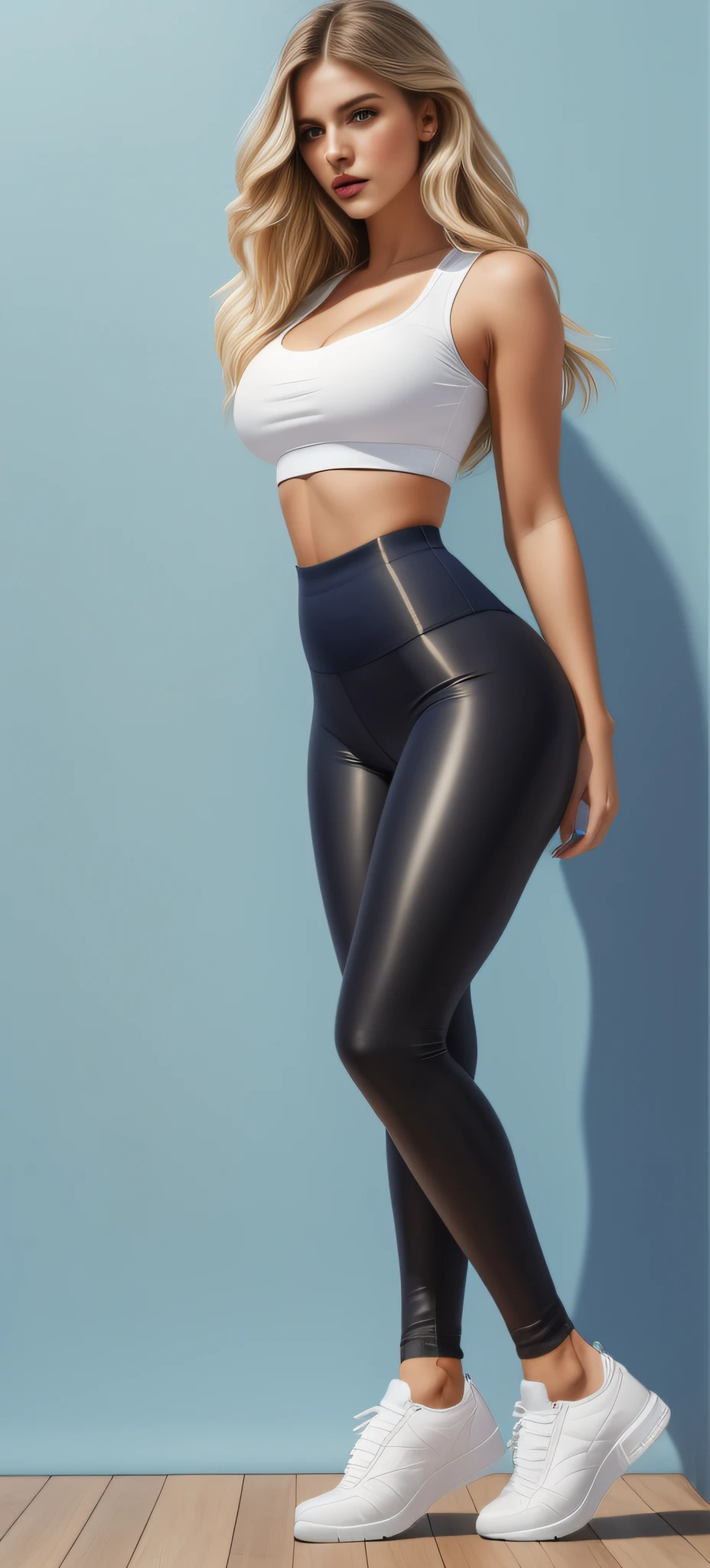 "An ultra-detailed 8k masterpiece best quality and high saturation. The image features a clothing illustration with a stunning thick european girl wearing a tight sheer leggings outfit, including tight open shirt, F cup, white sneakers, and a blue background."