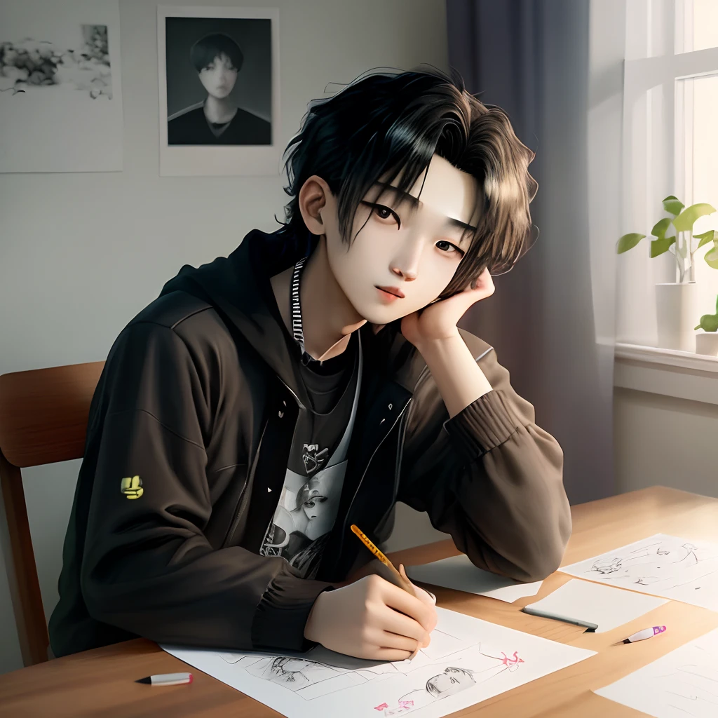 pencil drawing photo of HYUNJIN DE STRAY KIDS on paper on a table