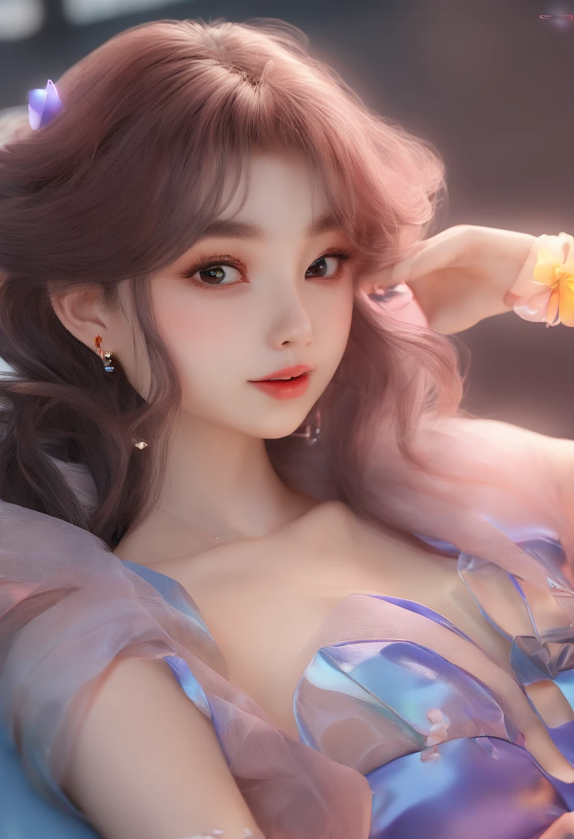 1girll,(enchanced quality:1.4),(Top quality true texture skin), Delicate face,Black hair, Gradient hair, Petite body,(perfect bodies:1.1), There are precious stones on the forehead, rimless eyewears, Sparkling pupils,long eyelasher,grin, hyper photorealism, Cinematic lighting, projected inset, surrealism, hyper HD, Masterpiece, 16k,Lie down,dream on,Wear transparent silk pajamas,Carmelto,Legs slightly open,Tattooed with,Fantasy space,Luxurious space