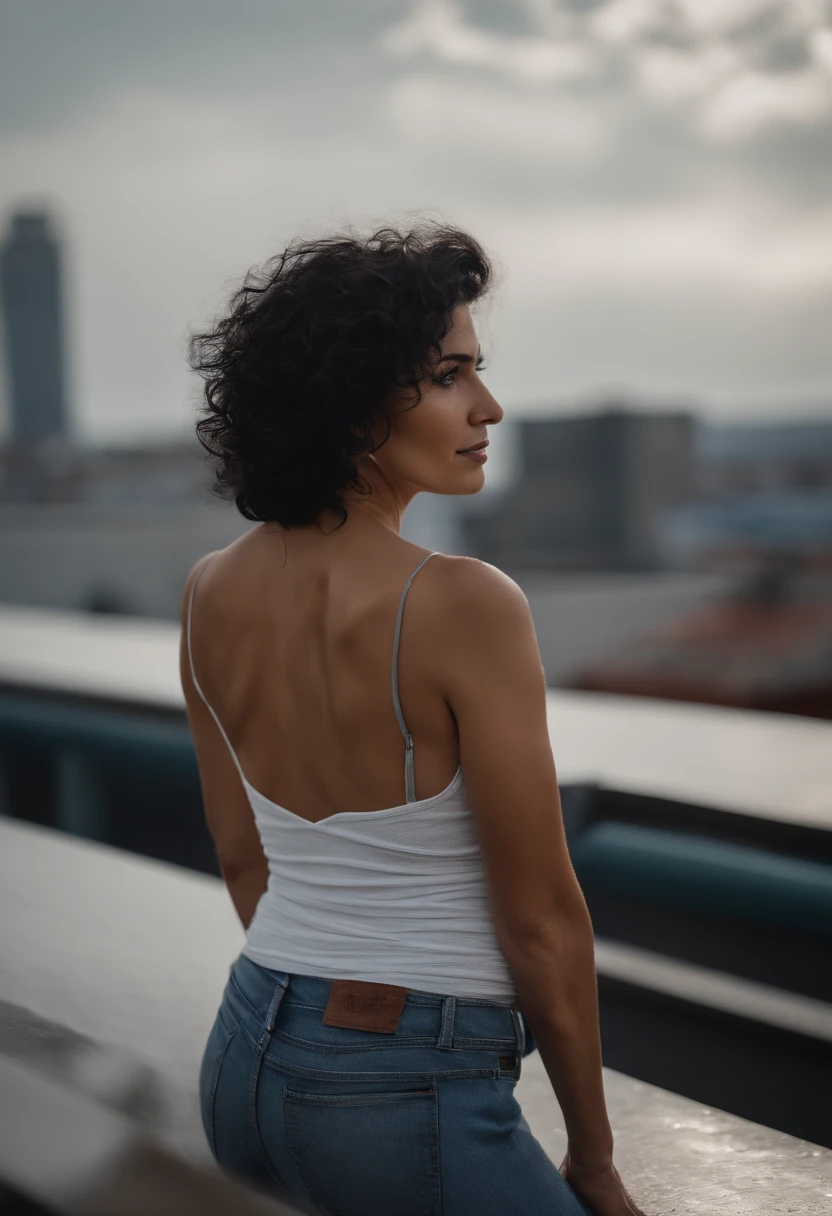 55 years latina milf, nsfw, natural small tits, curly short black hair , skinny fit body, rooftop, white tank top, wet, spreading hairy pussy