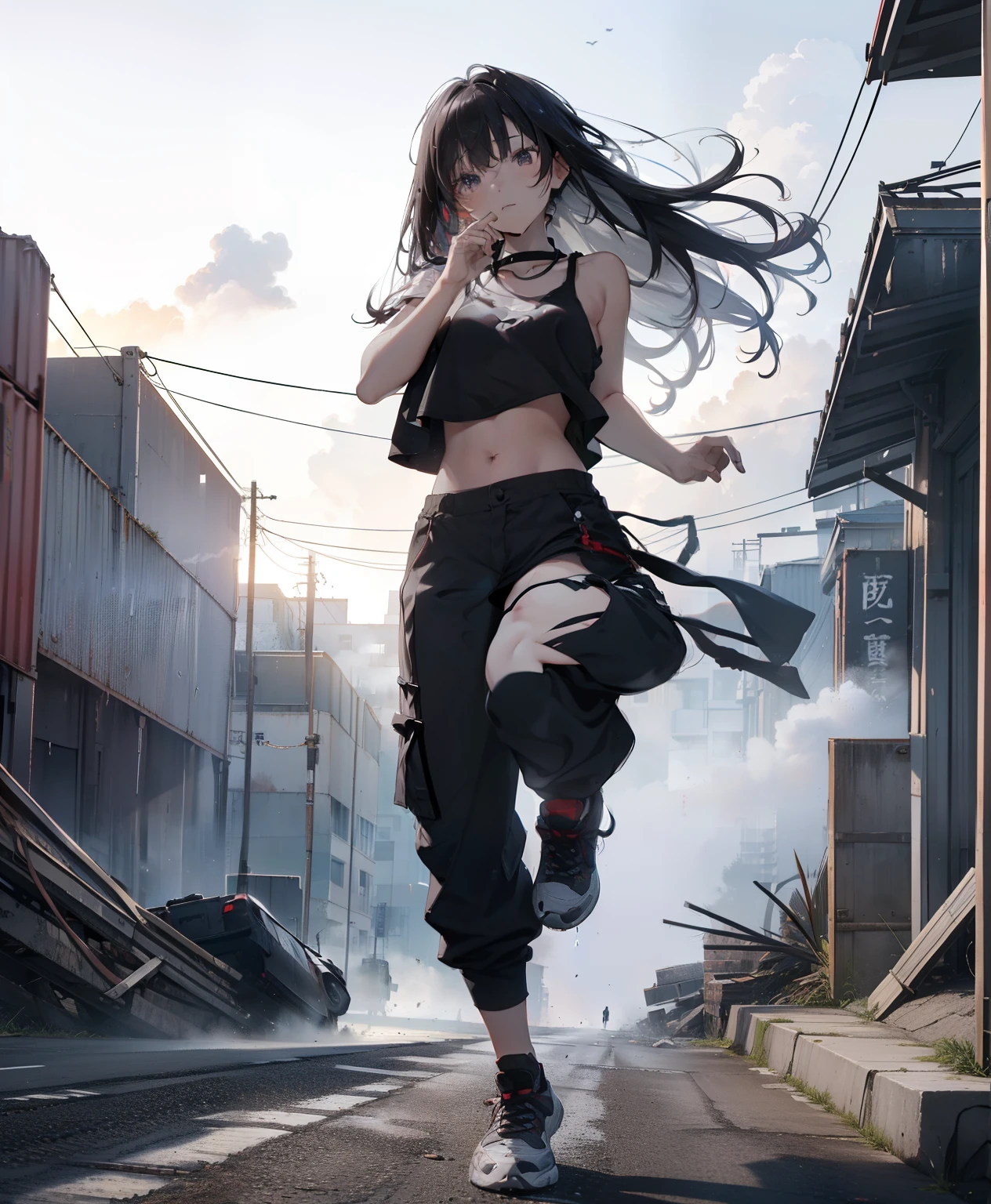 dance、Artistic jumps、break dance、Strenuous movements、Stacked cargo container、Cracked concrete walls、Road exhaust、Countless white steam is coming out、The road surface is wet、Damaged buildings、Broken brick building、独奏、Fluttering hair、Beautuful Women, a small face、de pele branca、abdominals、17 age、Bright smile、(Gradient color of black red hair、disheveled long hair)、(Cargo pants、Tank Tops、White sneakers)、(masuter piece:1.3)、(in 8K、top-quality: 1.4、masterpiece、 The ultra -The high-definition、 Top resolution,、ighly detailed、 profetional lighting、 Gray Light Lighting、Low angle from below、Blowing steam into the landscape、Fog in the landscape、Foggy、(Smooth limb movement、Beautiful fingertips、Beautiful Finger、5This refers to、Palms、Smooth finger position)