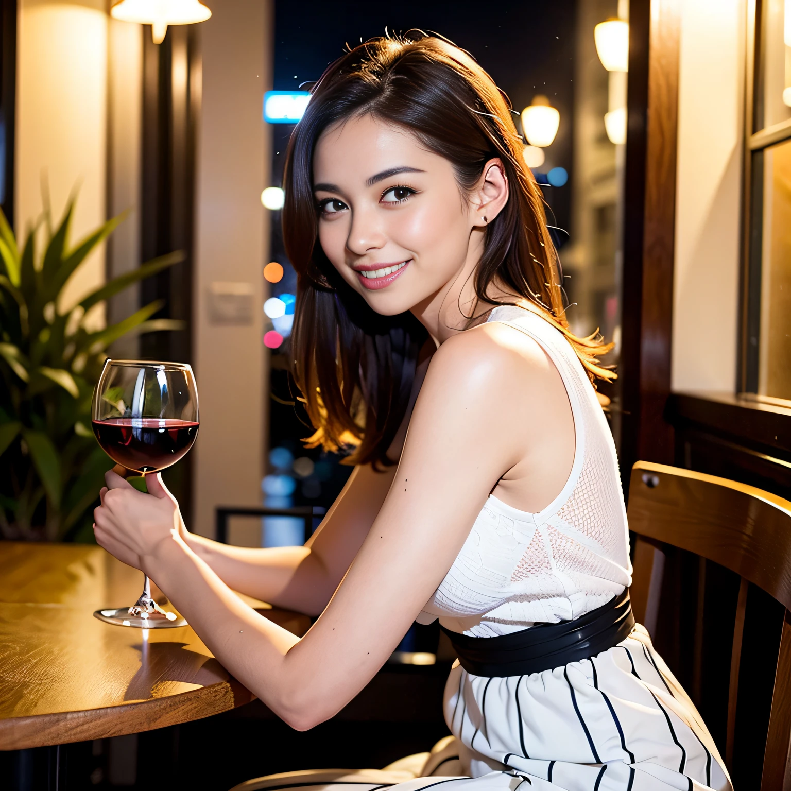 (64K, UHD, top quality, masterpiece: 1.2), (realistic, photorealistic: 1.37), super detailed, pretty woman 1 person, (slim face), (slim body), (brown hair), (short cut), cheeks slightly blushing, (44 years old), 38 years old, solo, beautiful detailed urban night view outside the window, restaurant, wine glasses sit, at night, in a prominent placeNovaFrogStyle, Actress, Model, Waist Up, White Wine, Slim, Wine Glass, Super Clean Night View, Wine Glass Put in the Middle, Happy Smile, (Smile: 1.15), Beautiful Fine Eyes, Upper Body, Bust Japan Up, Night, Short, Short, Actress, Model, Waist Up, White Wine, Slim, Wine Glass, Super Clean Night View, Wine Glass Put in the Middle, Happy Smile,