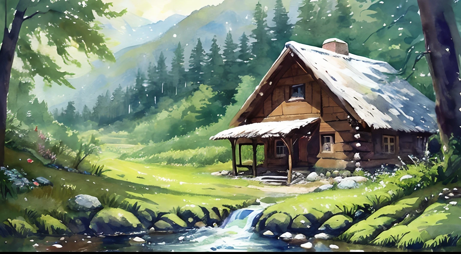 painting of a cabin in a mountain stream with a waterfall, children play around cabin,  4 k watercolor painting, beautiful painting, 4 k, cottage in the forest, beautiful watercolor painting on paper, beautiful digital painting, smooth oil painting, beautiful art uhd 4 k, 8 k hd detailed oil painting, oil digital painting, Inspired by Thomas Kinkade.