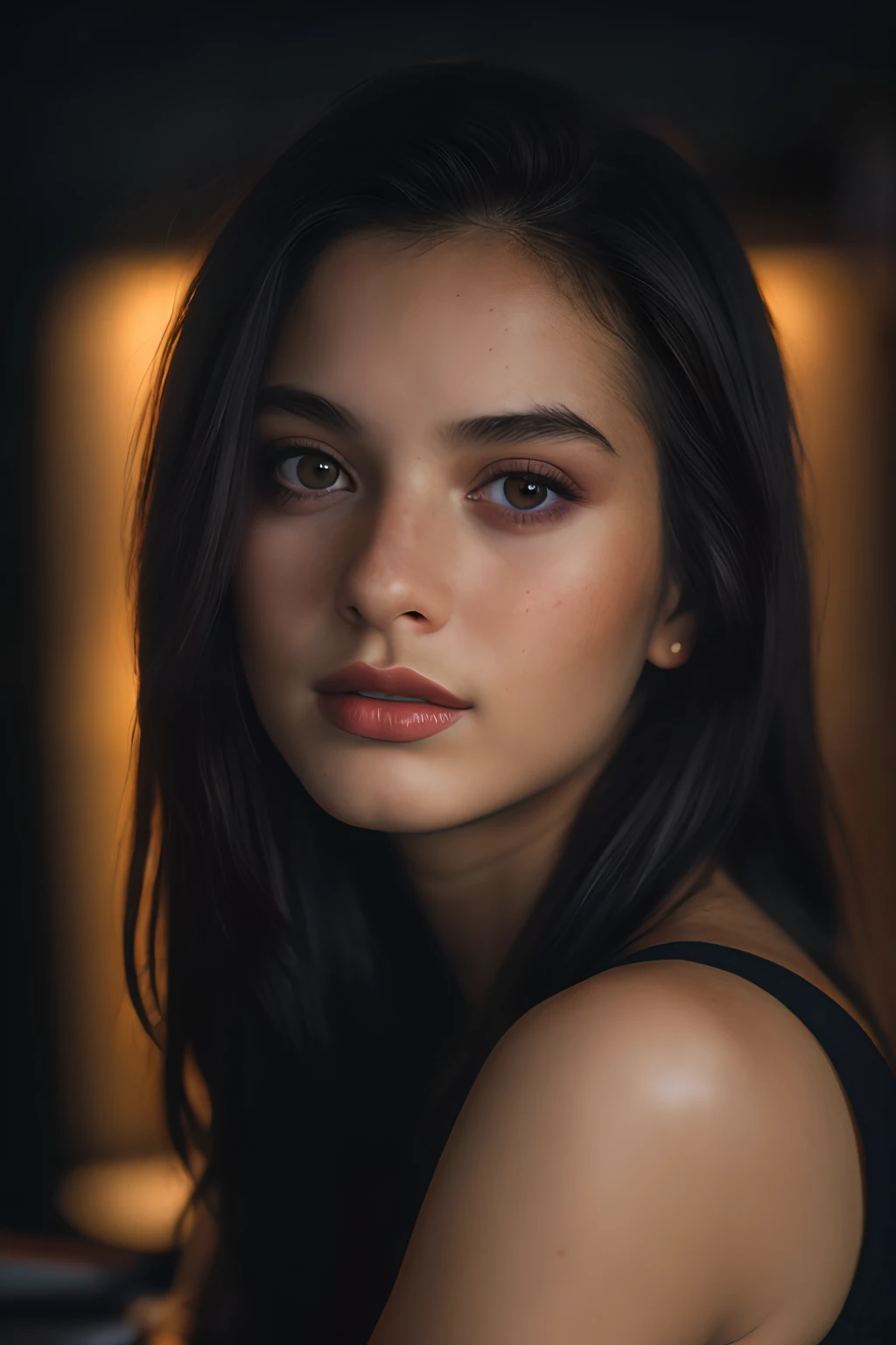 (close-up, editorial photograph of a 21 year old woman), (highly detailed face:1.4) (smile:0.7) (background inside dark, moody, private study:1.3) POV, by lee jeffries, nikon d850, film stock photograph ,4 kodak portra 400 ,camera f1.6 lens ,rich colors ,hyper realistic ,lifelike texture, dramatic lighting , cinestill 800,