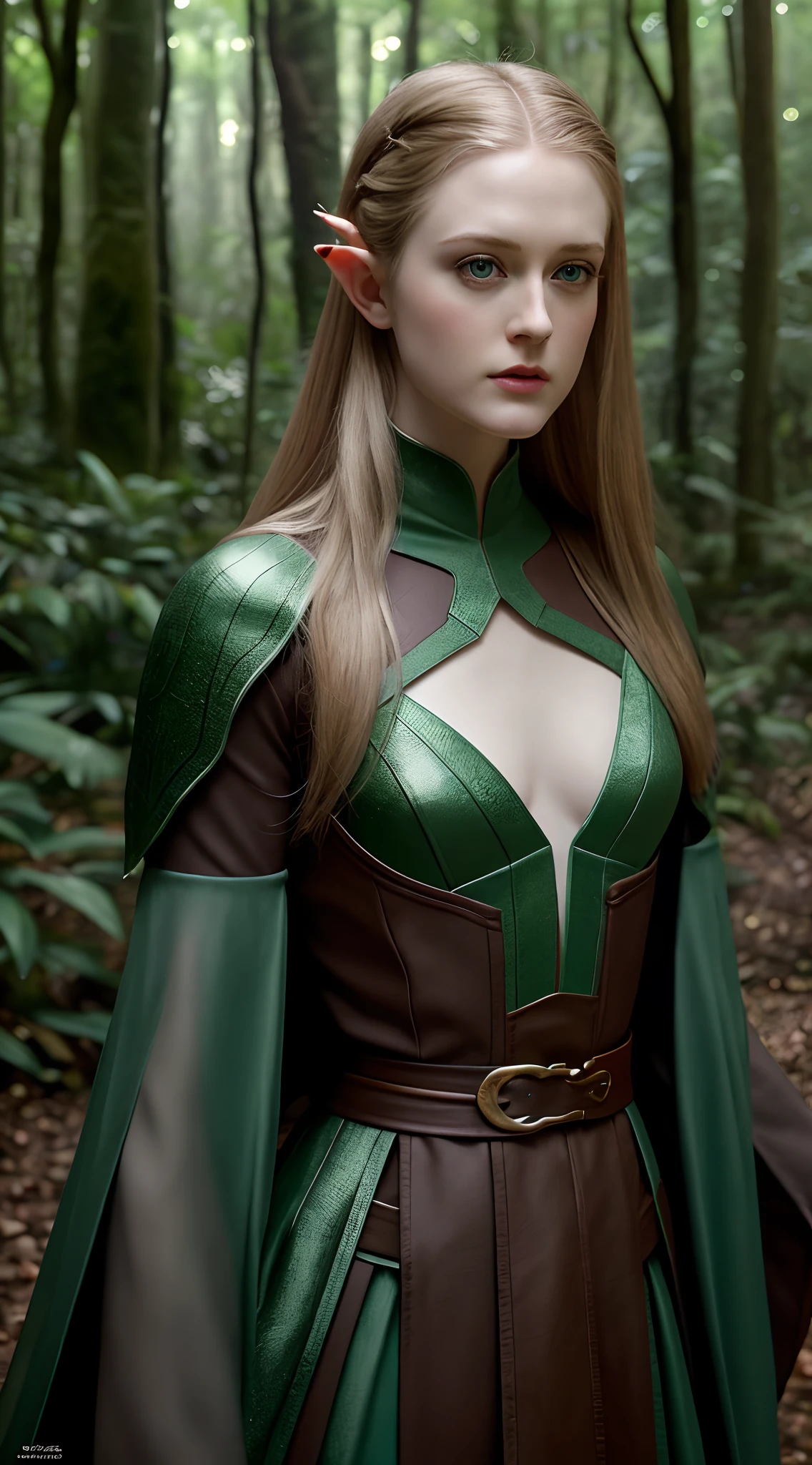 Foto RAW, looks like Evan Rachel wood, realistic female elf, beautiful eyes, charming beauty, full body Closeup, magical forest background, into the woods, dense forest, (pele altamente detalhada: 1.2), 8k UHD, DSLR, soft-lighting, alta qualidade, grain of film, Fujifilm XT3