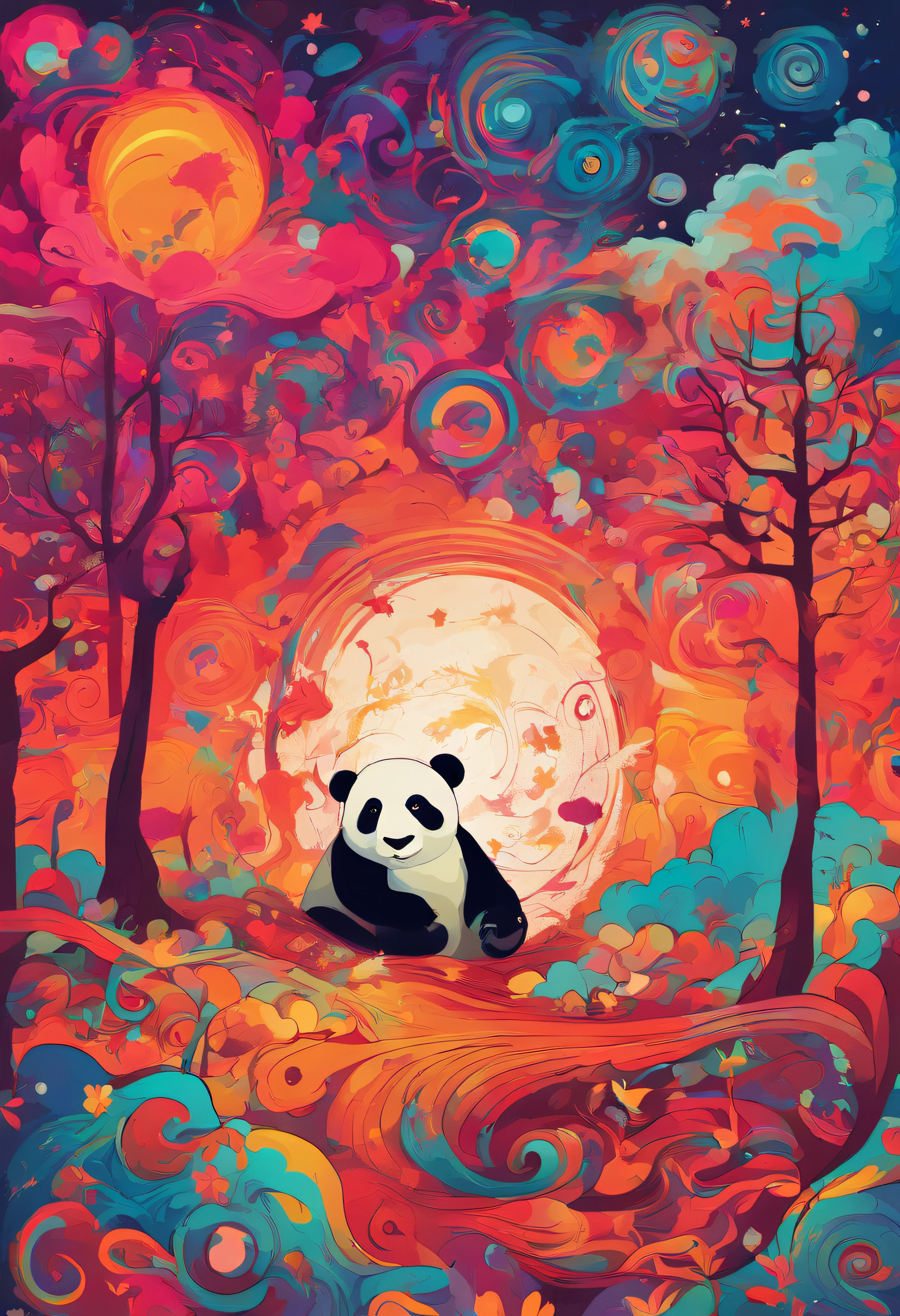 cielo estrellado con nubes arboles luna de colores calidos con un oso panda rojo marron de protagonista