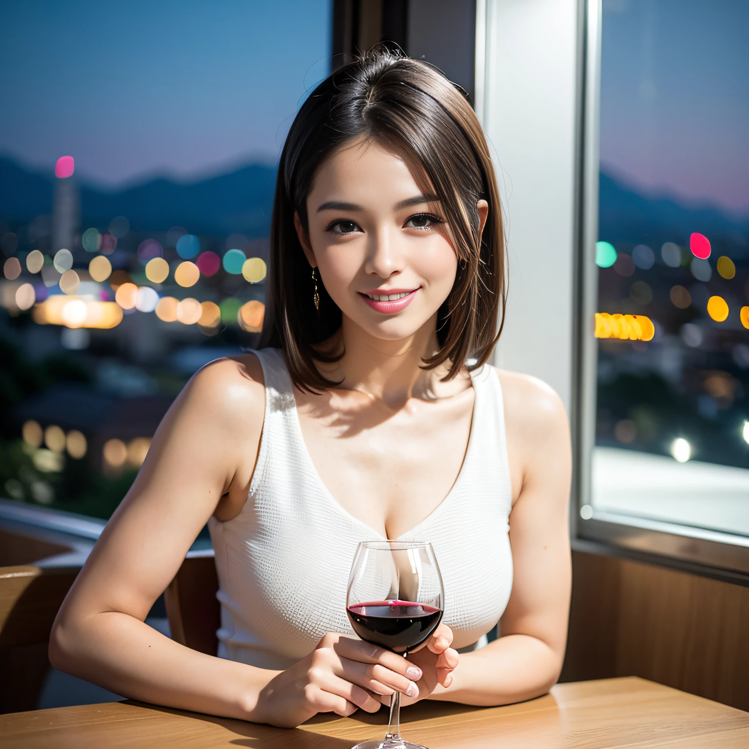 (64K, UHD, top quality, masterpiece: 1.2), (realistic, photorealistic: 1.37), super detailed, pretty woman 1 person, (slim face), (slim body), (brown hair), (short cut), cheeks slightly blushing, (44 years old), 38 years old, solo, beautiful detailed urban night view outside the window, restaurant, wine glasses sit, at night, in a prominent placeNovaFrogStyle, Actress, Model, Waist Up, White Wine, Slim, Wine Glass, Super Clean Night View, Wine Glass Put in the Middle, Happy Smile, (Smile: 1.15), Beautiful Fine Eyes, Upper Body, Bust Japan Up, Night, Short, Short, Actress, Model, Waist Up, White Wine, Slim, Wine Glass, Super Clean Night View, Wine Glass Put in the Middle, Happy Smile,