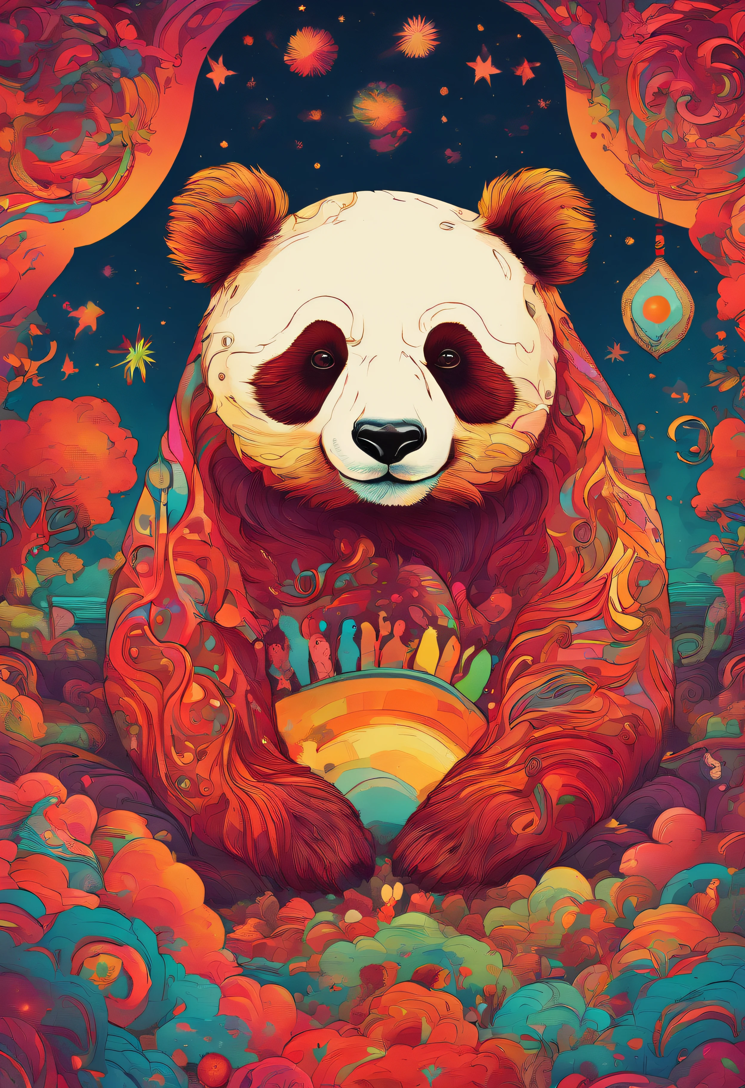 cielo estrellado con nubes arboles luna de colores calidos con un oso panda rojo marron de protagonista