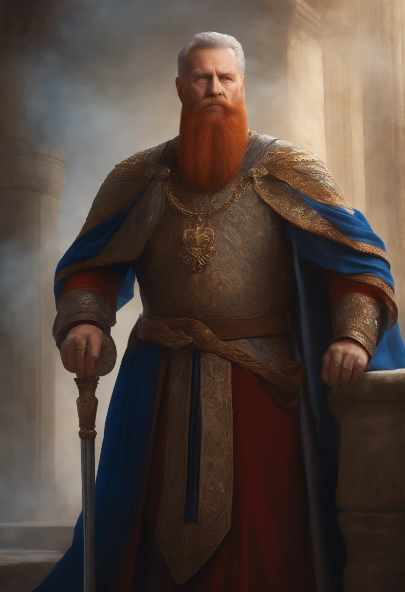 Arafed man with a blue crown and robe, red-haired and graying medieval king, red-haired beard, thinning beard, age 50 years, short hair, portrait of emperor of humanity, highly detailed character, painted in high resolution.