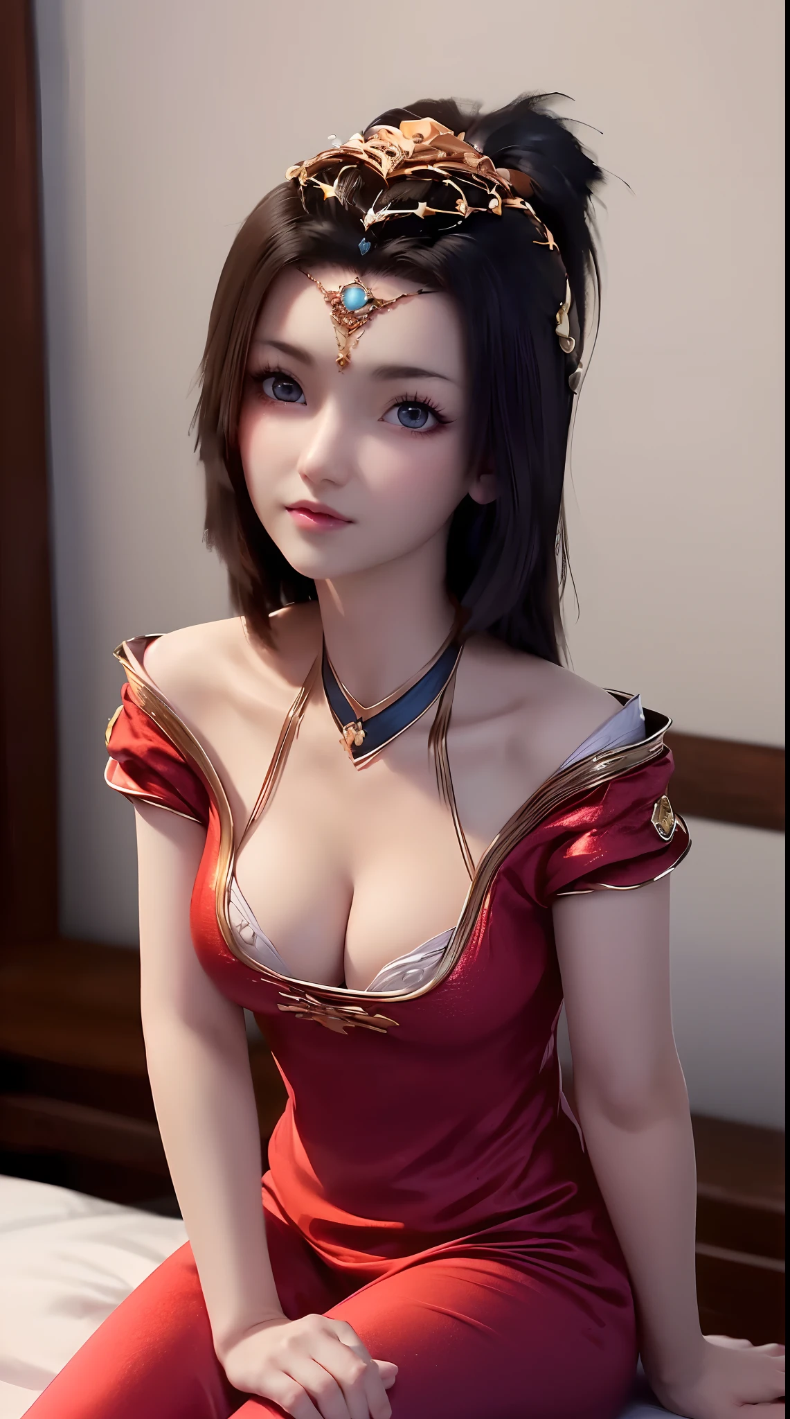 1 extremely beautiful princess, ((wearing a super thin and sexy red short nightgown:1.8)), ((Sexy nightgown with cleavage revealing:1.6)), sexy red lace short nightgown, ((supine position with chest up:1.5)), sexy nightgown style, long shiny black hair, the most beautiful and detailed hair jewelry, beautiful little face thin eyebrows, the most beautiful and spotless face, ((black iris:0.8)), the very beautiful eyes, big round eyes, ((Brown eyes:1.1)), fine and detailed makeup eyelashes, high nose, wearing earrings, small red lips, rosy face, clean face, beautiful face without blemish, smooth white skin, ((big breasts: 0.9)), Blums boobs, ((big and super round breasts:0.9)), ((super tight breasts:1.2)), ((breast augmentation: 0.8)), beautiful breasts, slim and petite body, ((thin waist: 0.9)), upper body of a beautiful girl, sexy girl, ((Open your legs: 1.6)), unashamed, ((chubby body:1.6)), 8k photo, super high quality, super realistic, 10x super pixels, photo realistic, dark studio, border light, two tone light, (detailed skin high: 1.2), 8k uhd, dslr, soft light, high quality, volumetric light, candid, Photo, high resolution, light, best photo, 4k quality, 8k, Bokeh, Smooth and sharp, pixel up 10 times, lightning, super graphics, the most realistic graphics, (((Luxurious bedroom and bed background: 1.6))), there is only 1 girl, alone, solo, ((frontal portrait:1.5)), Extremely sharp, super realistic images."