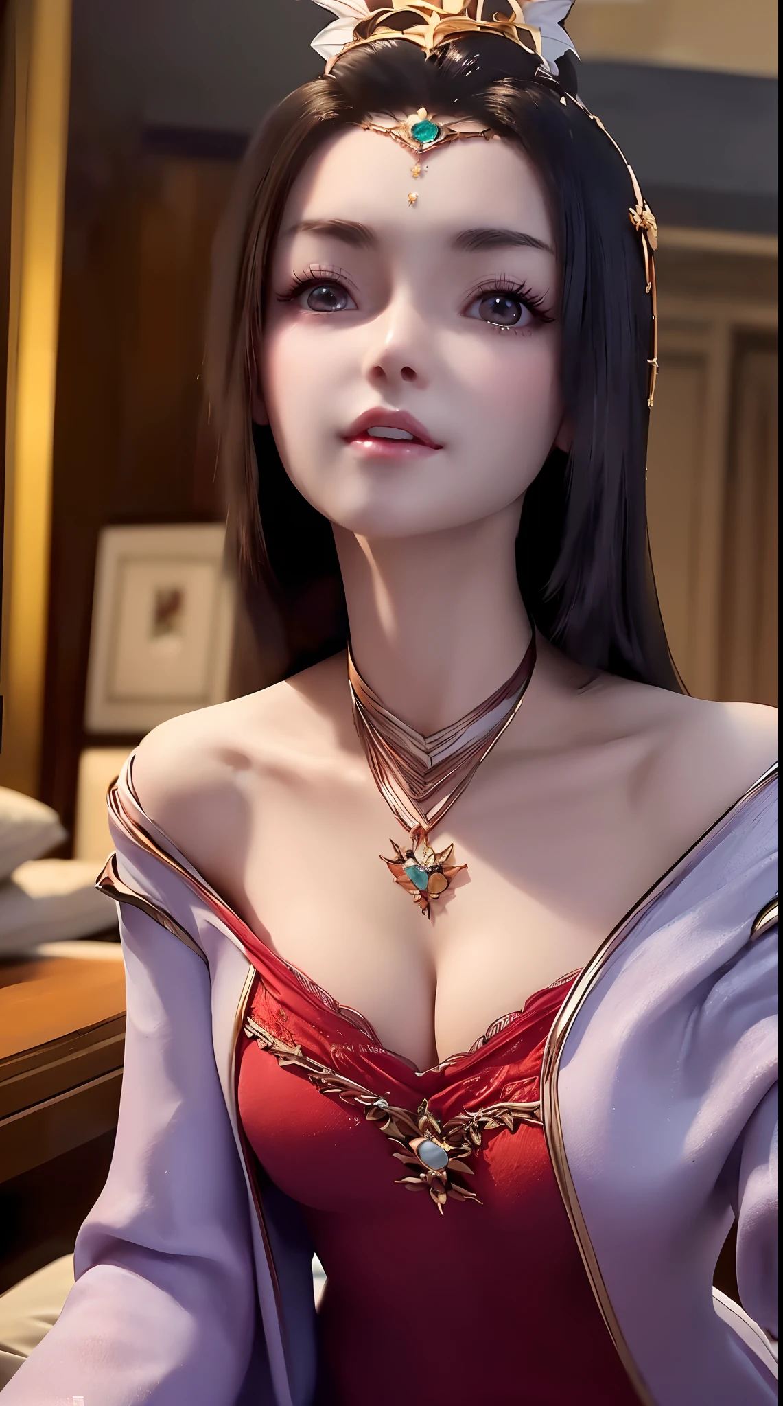 1 extremely beautiful princess, ((wearing a super thin and sexy red short nightgown:1.8)), ((Sexy nightgown with cleavage revealing:1.6)), sexy red lace short nightgown, sexy nightgown style, long shiny black hair, the most beautiful and detailed hair jewelry, beautiful little face thin eyebrows, the most beautiful and spotless face, ((black iris:0.8)), the very beautiful eyes, big round eyes, ((Brown eyes:1.1)), fine and detailed makeup eyelashes, high nose, wearing earrings, small red lips, rosy face, clean face, beautiful face without blemish, smooth white skin, ((big breasts: 0.9)), Blums boobs, ((big and super round breasts:0.9)), ((super tight breasts:1.2)), ((breast augmentation: 0.8)), beautiful breasts, slim and petite body, ((thin waist: 0.9)), upper body of a beautiful girl, sexy girl, ((Sexy position of crawling on the bed:1.6)), ((cross-legged sitting position on the bed:1.7)), ((legs extended to the sides: 1.6)), unashamed, ((chubby body:1.6)), facing the viewer, 8k photo, super high quality, super realistic, 10x super pixels, photo realistic, dark studio, border light, two tone light, (detailed skin high: 1.2), 8k uhd, dslr, soft light, high quality, volumetric light, candid, Photo, high resolution, light, best photo, 4k quality, 8k, Bokeh, Smooth and sharp, pixel up 10 times, lightning, super graphics, the most realistic graphics, (((Luxurious bedroom and bed background: 1.6))), there is only 1 girl, alone, solo, ((frontal portrait:1.5)), Extremely sharp, super realistic images."