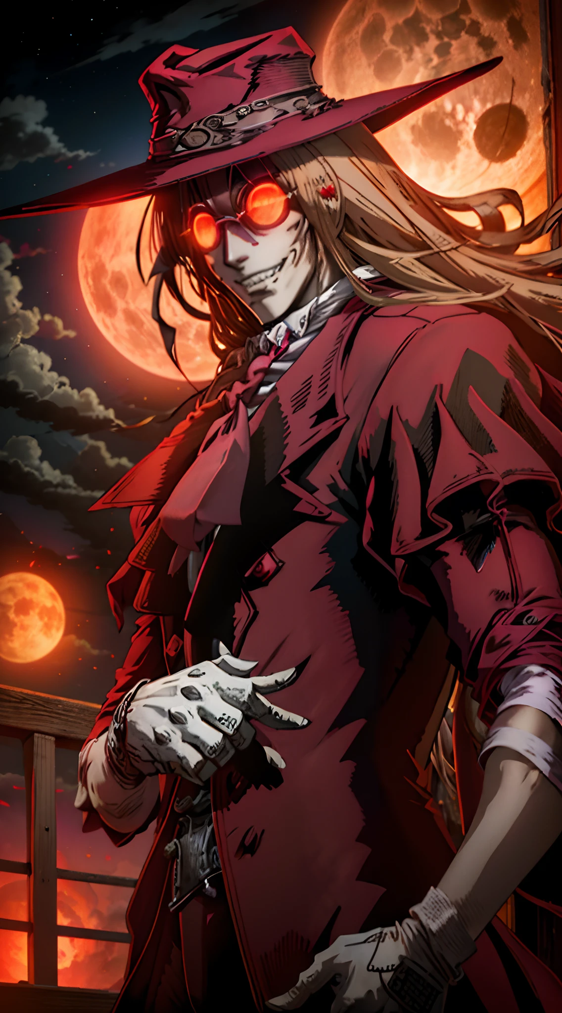 Hellsing, personagem alucard, Standing character, sobretudo vermelho, olhos vermelhos, paisagem de noite, lua vermelha de fundo,