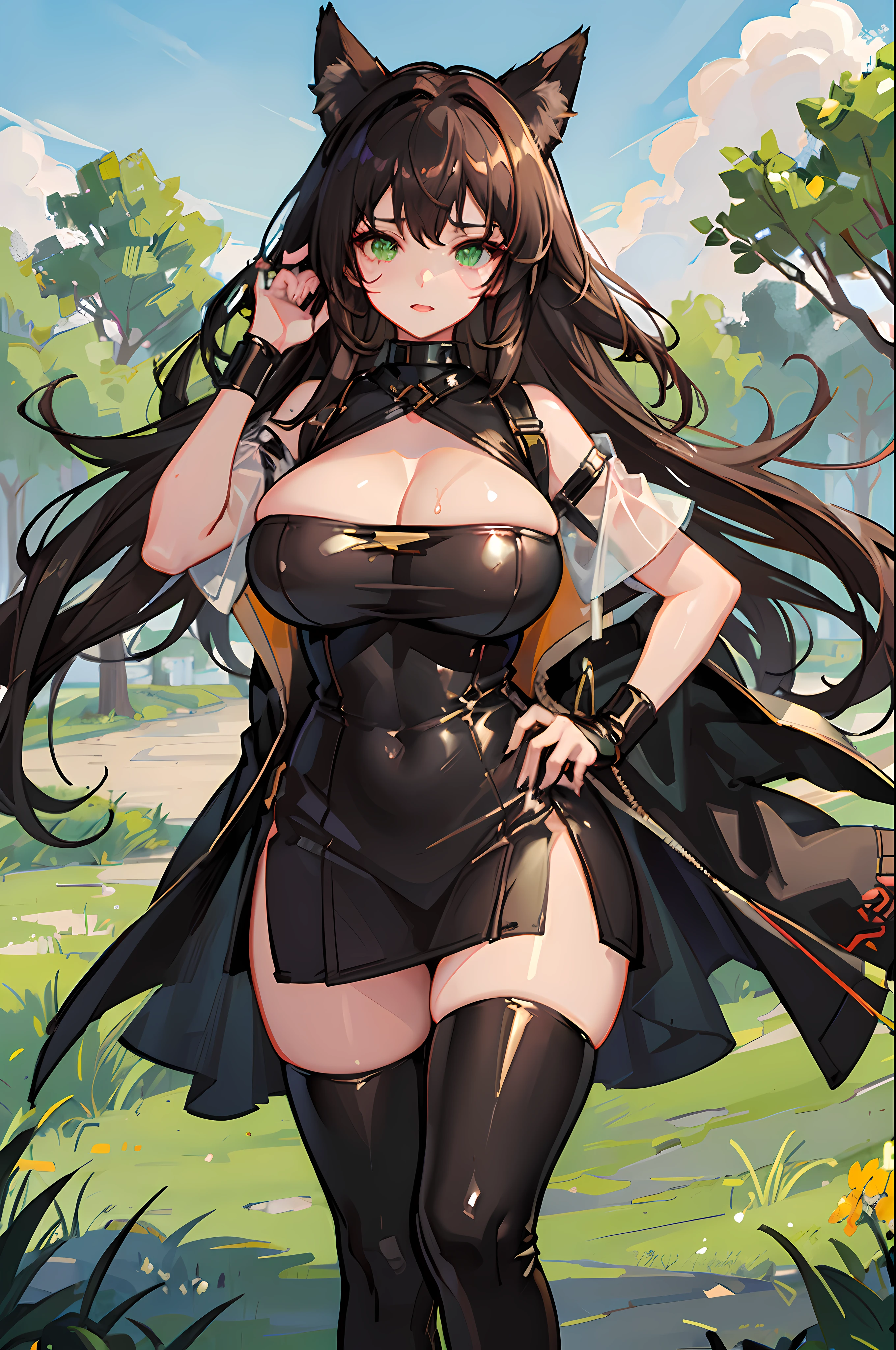 1girl, fox girl, fox ears, fox tail, dark brown hair, green eyes, ????, mommy, thick thighs, enormous ???????, hard , sfw, dress, mature woman, enormous cleavage, latex, shiny clothes, wet look, ????, bondage,