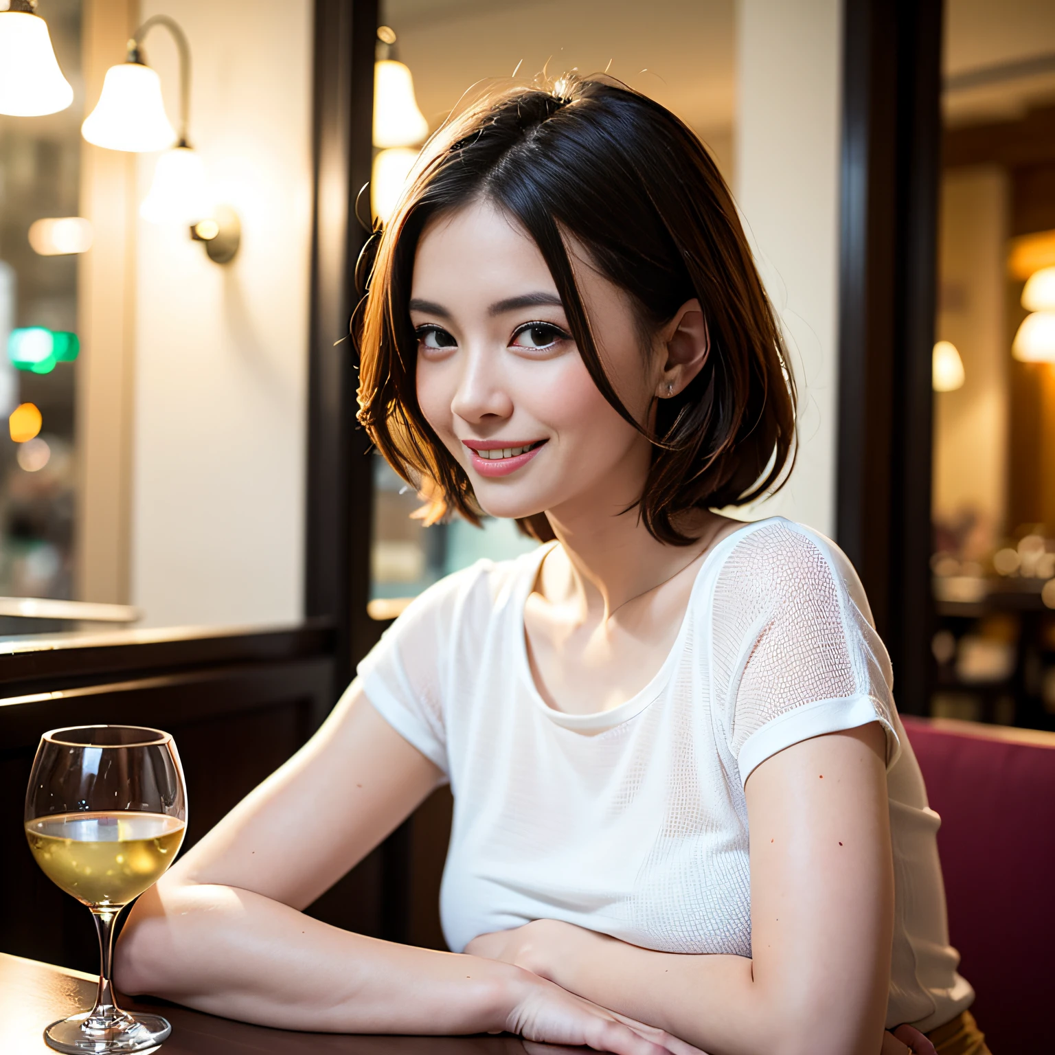 (64K, UHD, top quality, masterpiece: 1.2), (realistic, photorealistic: 1.37), super detailed, pretty woman 1 person, (slim face), (slim body), (brown hair), (short cut), cheeks slightly blushing, (44 years old), 38 years old, solo, beautiful detailed urban night view outside the window, restaurant, wine glasses sit, at night, in a prominent placeNovaFrogStyle, Actress, Model, Waist Up, White Wine, Slim, Wine Glass, Super Clean Night View, Wine Glass Put in the Middle, Happy Smile, (Smile: 1.15), Beautiful Fine Eyes, Upper Body, Bust Japan Up, Night, Short, Short, Actress, Model, Waist Up, White Wine, Slim, Wine Glass, Super Clean Night View, Wine Glass Put in the Middle, Happy Smile,