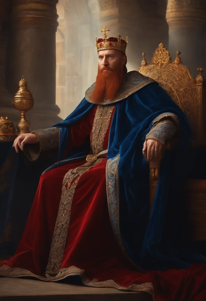 Arafed man with a blue crown and robe, red-haired and graying medieval king, red-haired beard, thinning beard, age 50 years, short hair, portrait of emperor of humanity, highly detailed character, painted in high resolution.