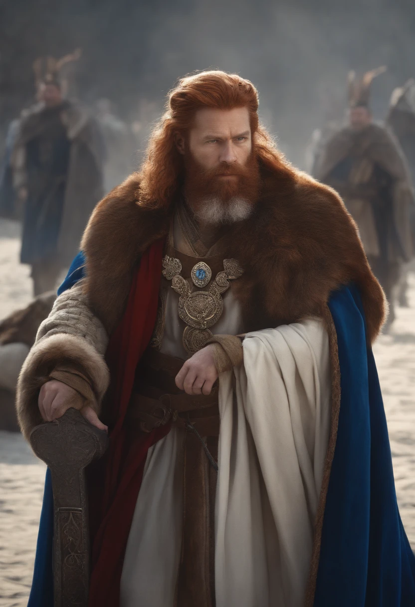 Arafed man with a blue crown and robe, red-haired and graying medieval king, red-haired beard, thinning beard, age 50 years, short hair, portrait of emperor of humanity, highly detailed character, painted in high resolution.