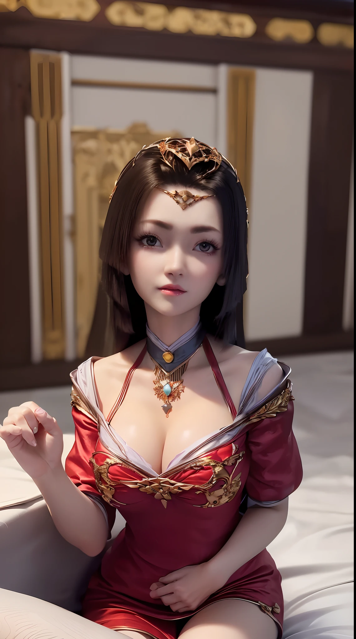 1 extremely beautiful princess, ((wearing a super thin and sexy red short nightgown:1.8)), ((nightgown with deep slit in the chest:1.6)), sexy red lace short nightgown, ((supine position with chest up:1.5)), sexy nightgown style, long shiny black hair, the most beautiful and detailed hair jewelry, beautiful little face thin eyebrows, the most beautiful and spotless face, ((black iris:0.8)), the very beautiful eyes, big round eyes, ((Brown eyes:1.1)), fine and detailed makeup eyelashes, high nose, wearing earrings, small red lips, rosy face, clean face, beautiful face without blemish, smooth white skin, ((big breasts: 0.9)), Blums boobs, ((big and super round breasts:0.9)), ((super tight breasts:1.2)), ((breast augmentation: 0.8)), beautiful breasts, slim and petite body, ((thin waist: 0.9)), upper body of a beautiful girl, sexy girl, ((Open your legs: 1.6)), unashamed, ((chubby body:1.6)), 8k photo, super high quality, super realistic, 10x super pixels, photo realistic, dark studio, border light, two tone light, (detailed skin high: 1.2), 8k uhd, dslr, soft light, high quality, volumetric light, candid, Photo, high resolution, light, best photo, 4k quality, 8k, Bokeh, Smooth and sharp, pixel up 10 times, lightning, super graphics, the most realistic graphics, (((Luxurious bedroom and bed background: 1.6))), there is only 1 girl, alone, solo, ((frontal portrait:1.5)), Extremely sharp, super realistic images."