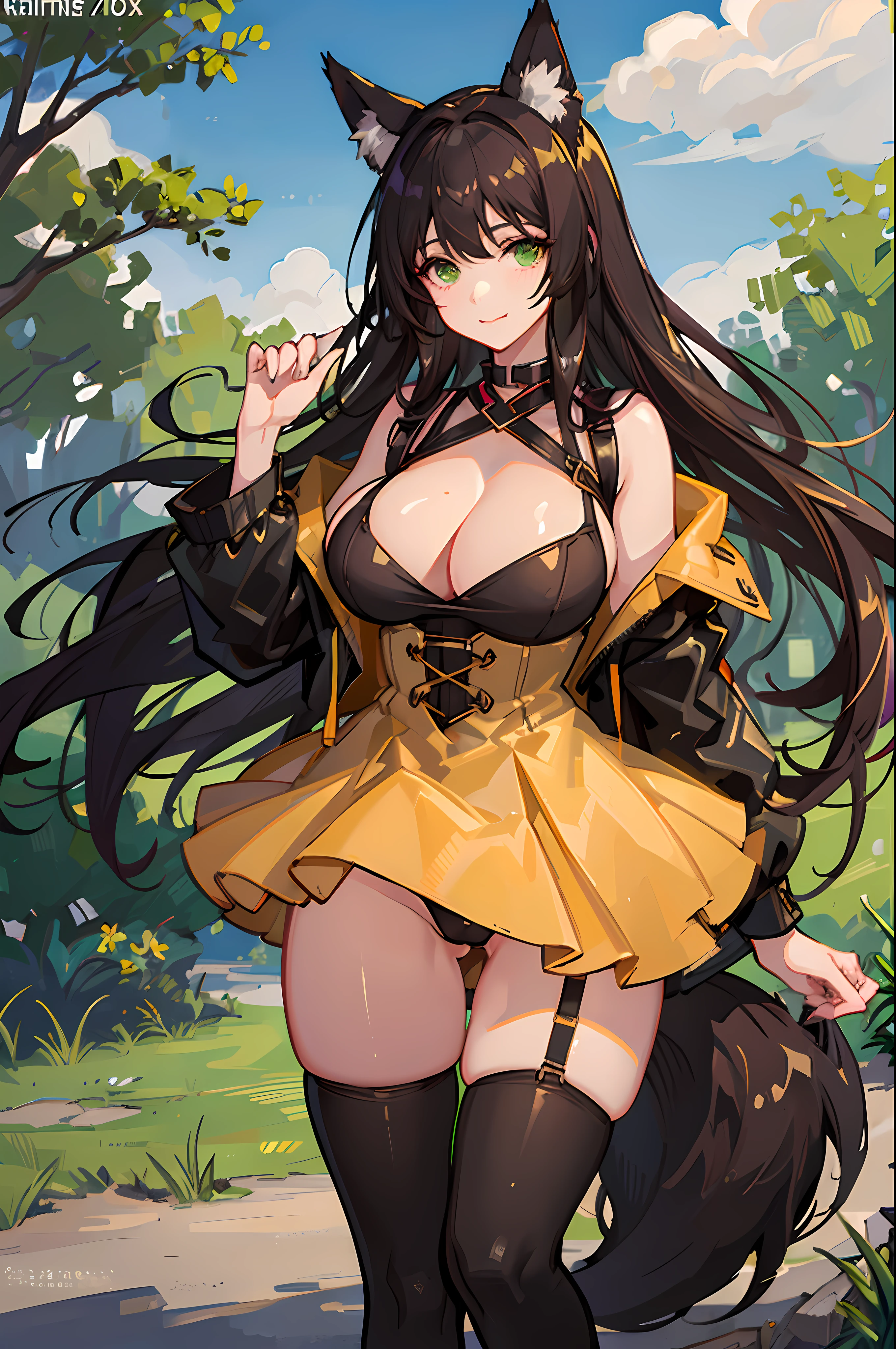 1girl, fox girl, fox ears, fox tail, dark brown hair, green eyes, sexy, mommy, thick thighs, enormous breasts, hard , sfw, dress, mature woman, enormous cleavage, latex, shiny clothes, bdsm, bondage, kinky,