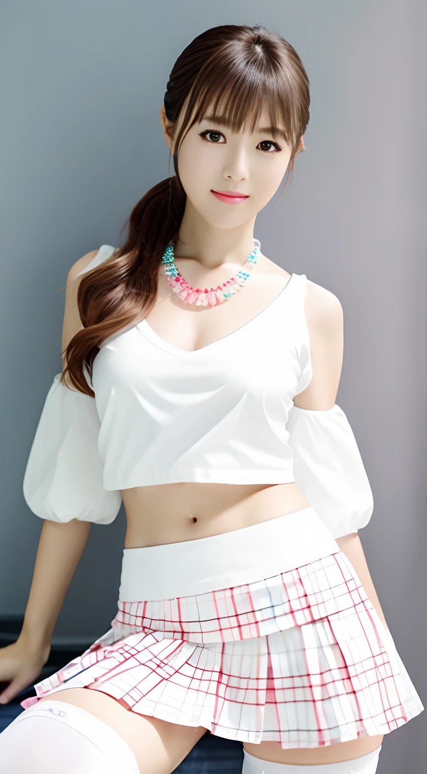 A highly detailed((addielyn))、A detailed eye、
(Best Quality Detail:1.2)、realisitic、8K High Definition、(1girl in:1.2)、The ultra-detailliert、White super mini skirt、high quality texture、intricate detailes、cheerleaders、Highkick、Sleeveless、The pleated skirt is flipped up, revealing white panties、poneyTail、White panty、Detailed texture、The crotch of the shorts is clearly visible.、finely detail、extremely details CG、high quality shadow、Detailed beautiful delicate face、Detailed beautiful delicate face、Detailed beautiful delicate eyes、depth of fields、光线追踪、(Beautiful sexy woman:1.1)、medium breasts、tall_Female、Beautiful_Legs、gloweyes、red blush、the perfect body、skiny、(sleeve less:1.4)、(Sleeveless:1)、(Short plaid tight skirt:1.2)、(Stockings_garterbelts:1.1、stiletto:1.1)、(bob cuts:1.1)、a street、sunlights、kneeling on sofa、耳环、a necklace、modeled、looking at the viewers、From Side、dynamicposes、Mole under the eyes、