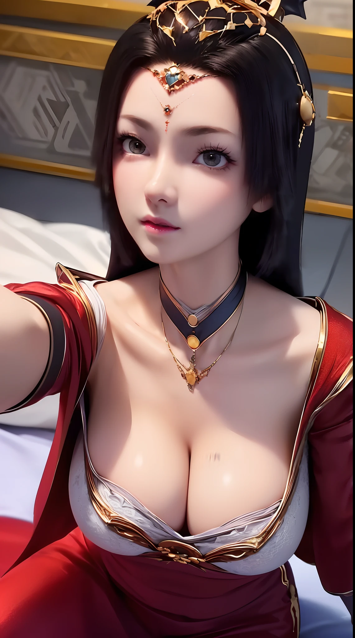 1 extremely beautiful princess, ((wearing a super thin and sexy red short nightgown:1.8)), ((Sexy nightgown with cleavage revealing:1.6)), sexy red lace short nightgown, ((supine position with chest up:1.5)), sexy nightgown style, long shiny black hair, the most beautiful and detailed hair jewelry, beautiful little face thin eyebrows, the most beautiful and spotless face, ((black iris:0.8)), the very beautiful eyes, big round eyes, ((Brown eyes:1.1)), fine and detailed makeup eyelashes, high nose, wearing earrings, small red lips, rosy face, clean face, beautiful face without blemish, smooth white skin, ((big breasts: 0.9)), Blums boobs, ((big and super round breasts:0.9)), ((super tight breasts:1.2)), ((breast augmentation: 0.8)), beautiful breasts, slim and petite body, ((thin waist: 0.9)), upper body of a beautiful girl, sexy girl, ((Open your legs: 1.6)), unashamed, ((chubby body:1.6)), 8k photo, super high quality, super realistic, 10x super pixels, photo realistic, dark studio, border light, two tone light, (detailed skin high: 1.2), 8k uhd, dslr, soft light, high quality, volumetric light, candid, Photo, high resolution, light, best photo, 4k quality, 8k, Bokeh, Smooth and sharp, pixel up 10 times, lightning, super graphics, the most realistic graphics, (((Luxurious bedroom and bed background: 1.6))), there is only 1 girl, alone, solo, ((frontal portrait:1.5)), Extremely sharp, super realistic images."