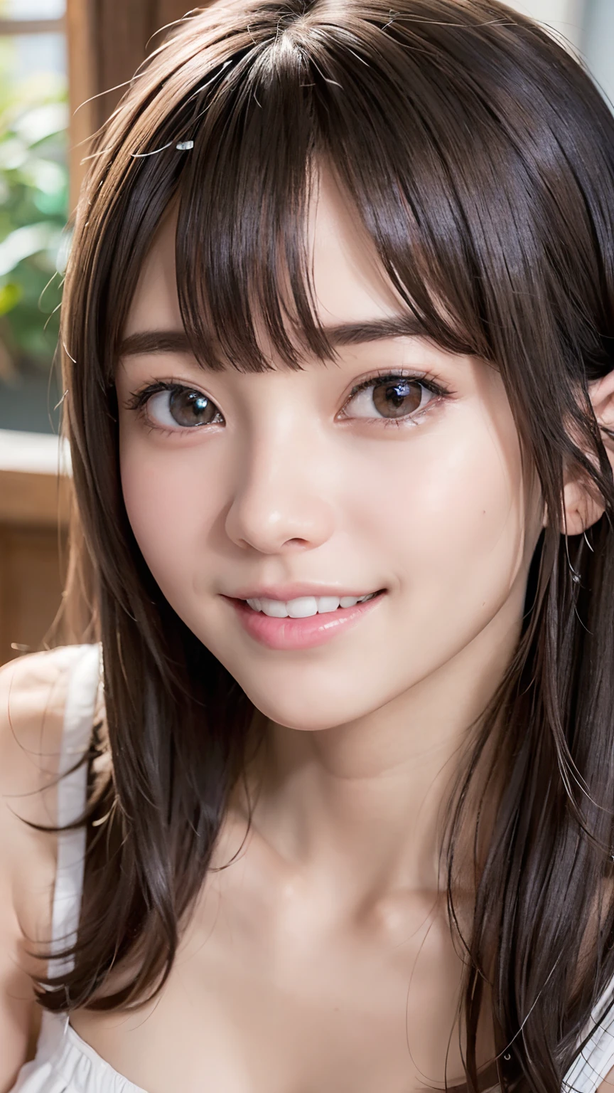 highest quality, Face Focus, Soft Light, Ultra-high resolution, (Realistic:1.4), RAW Photos,
1 Japanese girl, alone, cute, (pupil, Light in your eyes), Beautiful face in every detail, (),(High resolution detail of human skin texture),
(Long Hair),
indoor,
camisole,From above、Raise the corners of your mouth、smile、White teeth、
(Portraiture)