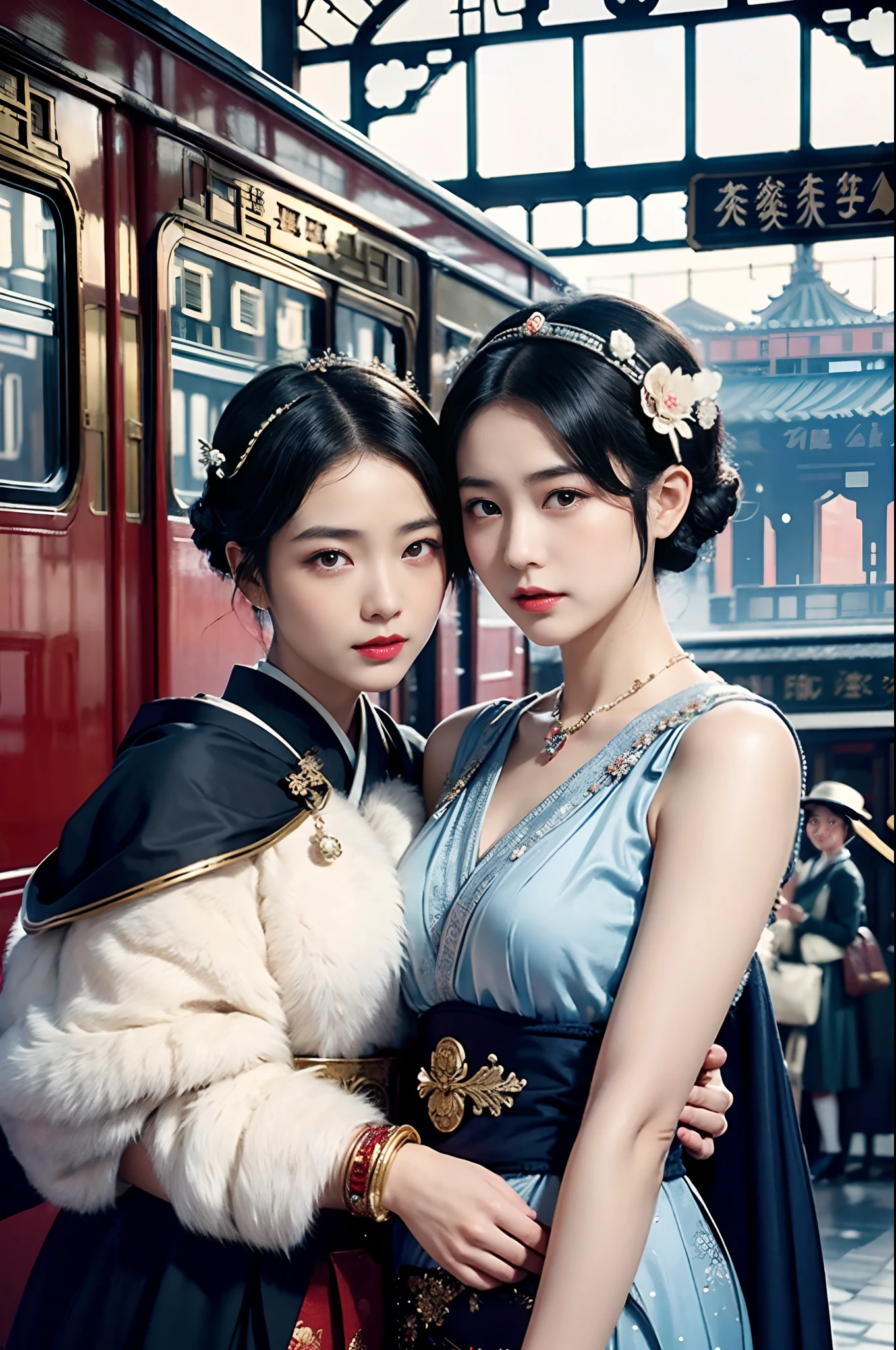 A movie poster,An old-fashioned steam train approached the tracks,Old fashioned British style train station,masterpiece,RAW photogr,hyper qualit, ultra - detailed,Perfect drawing,Two beautiful girls, Lovers, lesbians,(in the railway station 1920's Shanghai,retro train background:1.6),(Geisha hairstyle,Geisha hairstick:1.6,Geisha hair ornament,armlets, bangle:1.3),Dodge kisses,bauhaus, bulgari, official valentino editorial,half-open lips, Suck your lips firmly, Drooling, elegant, Brilliant, Beautiful, Blush (0.2), Gorgeous, Beautiful, Gorgeous, gentle, Starry sky, Milky Way, Summer triangle, Tanabata and bamboo ornaments, Precise drawings, a detailed drawing,