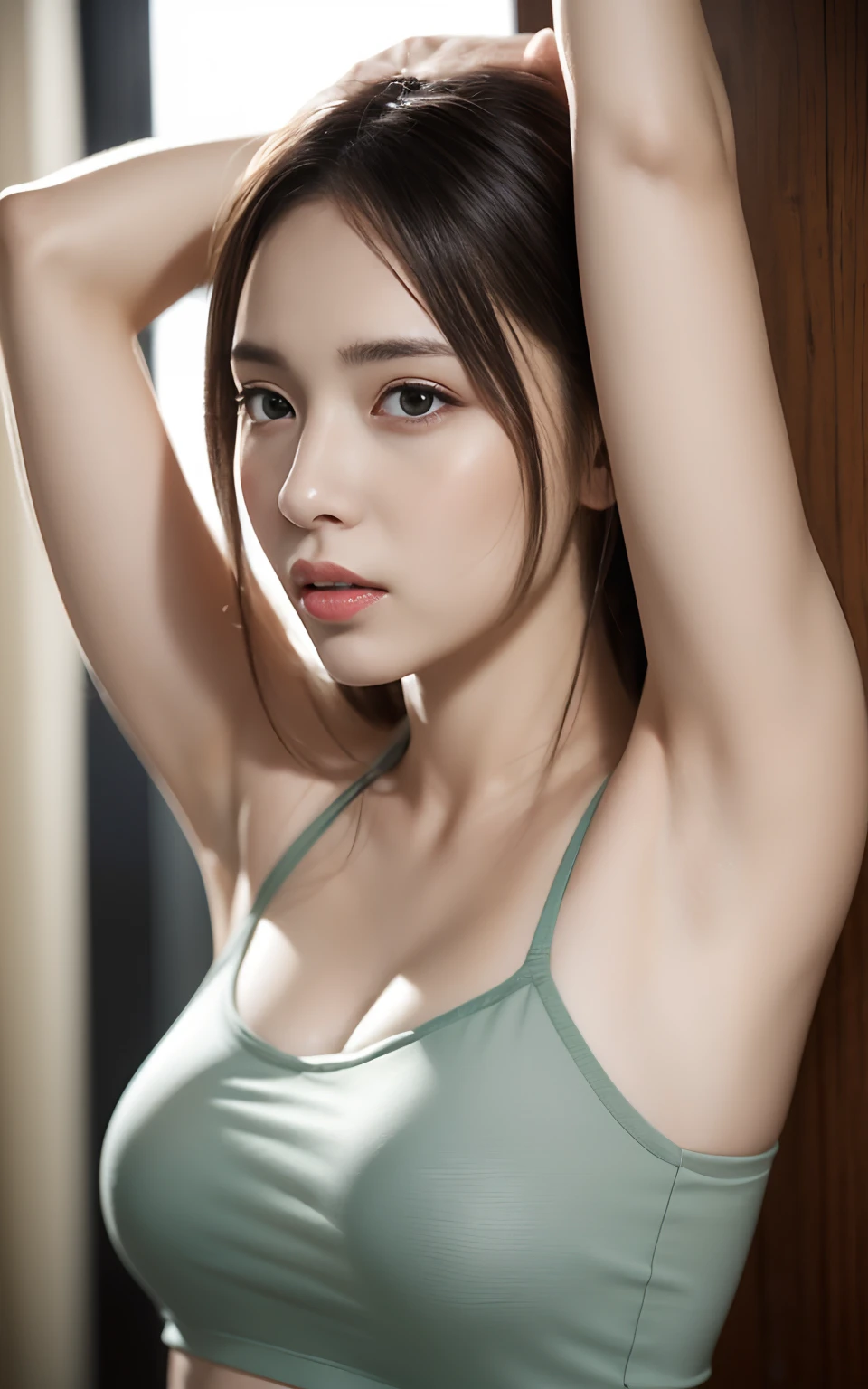 Highly detailed CG Unity 8k wallpaper, of the highest quality, super detailed, masutepiece, Realistic, photographrealistic, extremely detailed cute girl, 25 years old, Round eyes, viewer, blush, Parted lips, Upper body , (Armpit) , (get sweaty) , Camisole , bath room