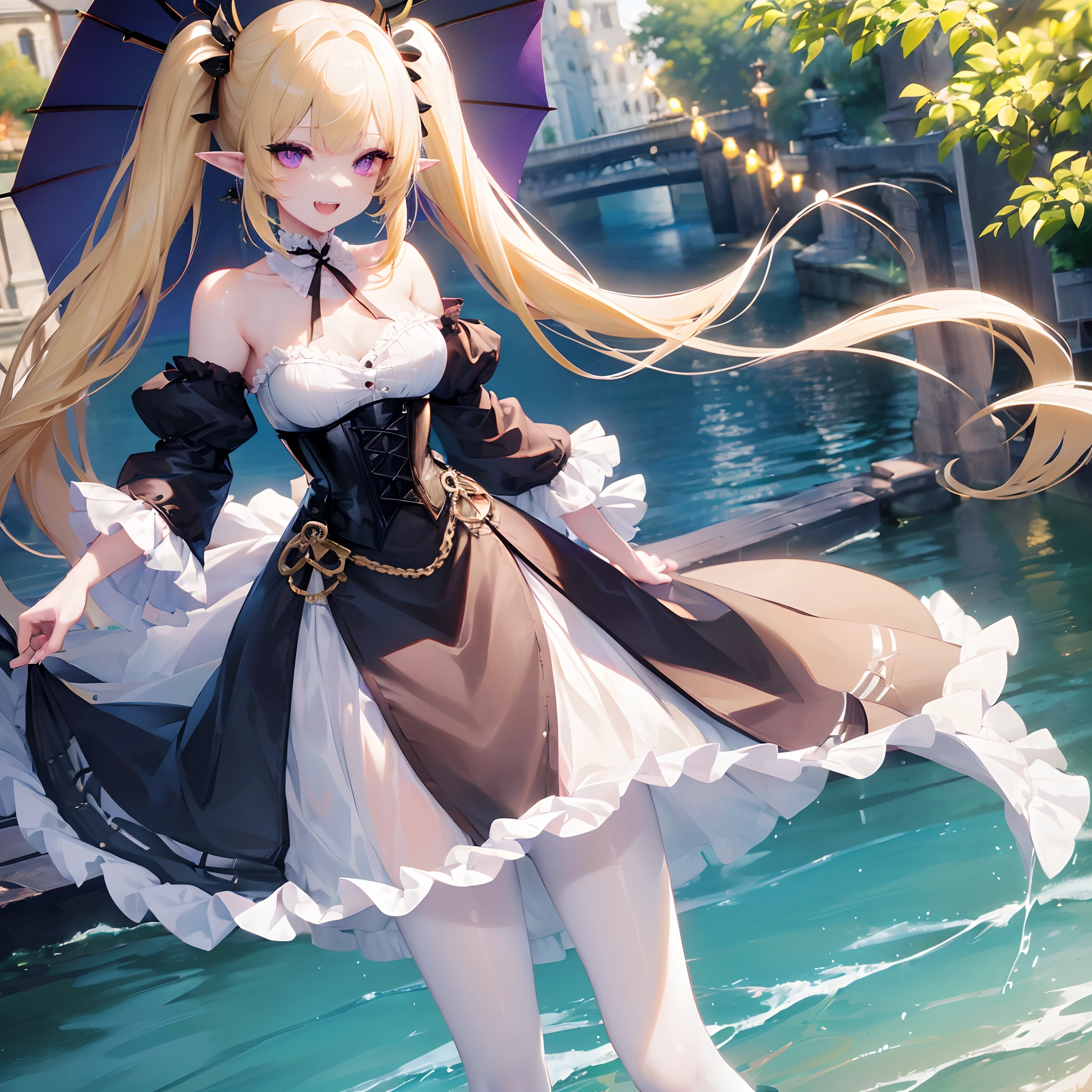 (Best quality, highest resolution, 8k, 1 girl, solo), vampire girl, open mouth, smiling, grinning, mature woman, medium breasts, bare shoulders, ((detailed amethyst eyes, yellowish hair, light yellow hair, twintails with red ribbons, black fringes, tight gothic corset, detailed corset,blue and yellow colours,long pointy ears, fangs)), thick eye_liner, close_up, (standing on a bridge, near a river, holding an intricate umbrella) , ((long skirt, white pantyhose))