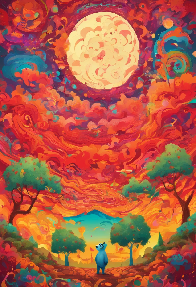 cielo estrellado con nubes arboles luna de colores calidos con un oso panda rojo marron de protagonista