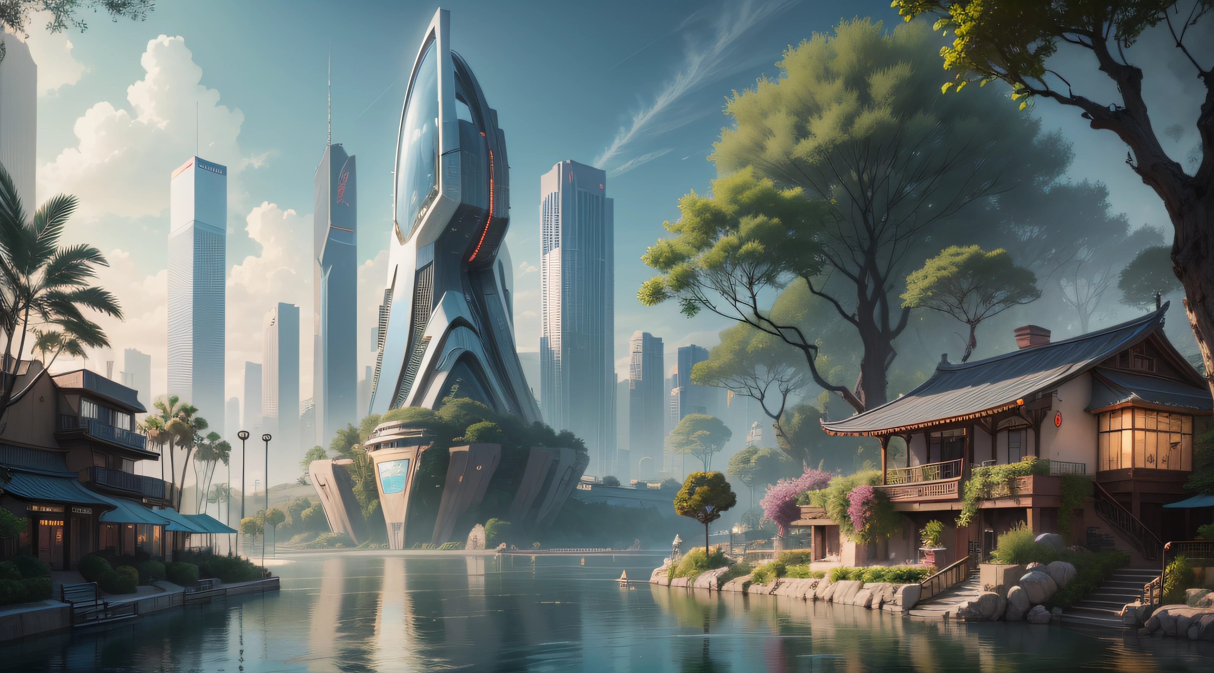 (top-quality,tmasterpiece,超A high resolution８K),(cyber punk perssonage,Cidade futuristica),(Dream, sfv),(epcot),(skyscrapper),{The Chinese courtyard blends with futuristic architecture}
