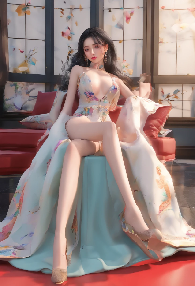 1girll,(enchanced quality:1.4),(Top quality true texture skin), Delicate face,Black hair, Gradient hair, Petite body,(perfect bodies:1.1), There are precious stones on the forehead, rimless eyewears, Sparkling pupils,long eyelasher,grin, hyper photorealism, Cinematic lighting, projected inset, surrealism, hyper HD, Masterpiece, 16k,Lie down,dream on,Wear transparent silk pajamas,Carmelto,Legs slightly open,Tattooed with,Fantasy space,Luxurious space