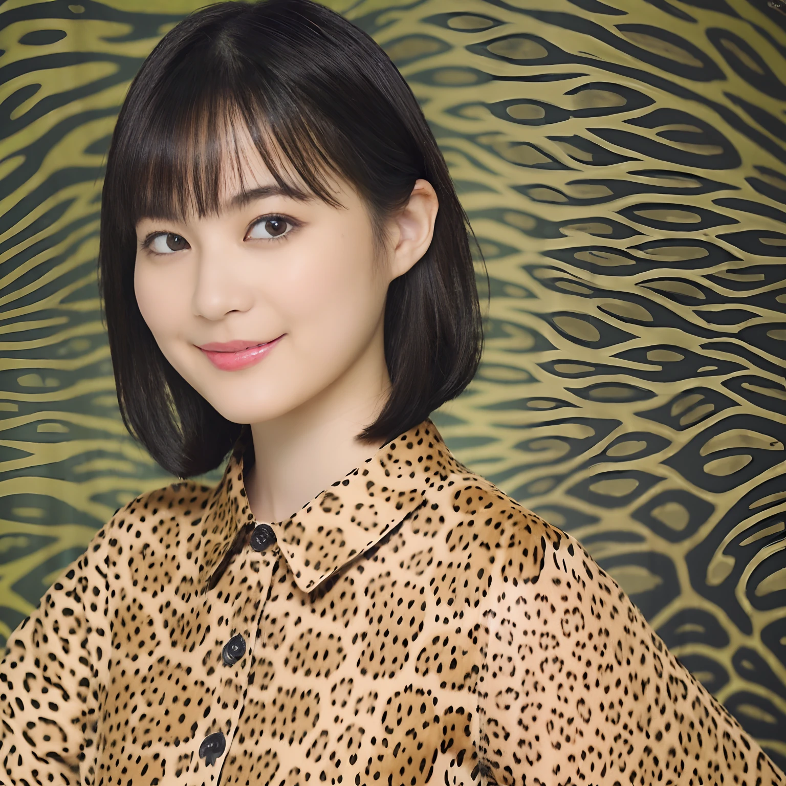 (Black Shorthair:1.2),  (a 20 yo woman), (A hyper-realistic), (Masterpiece), (8KUHD), Looking at the camera, Wearing jeans, ((Animal Print Clothing - Shirt - Leopard Print(design))), (large full breasts), (Background is abstract - jungle pattern), (doodle:1.46), ssmile