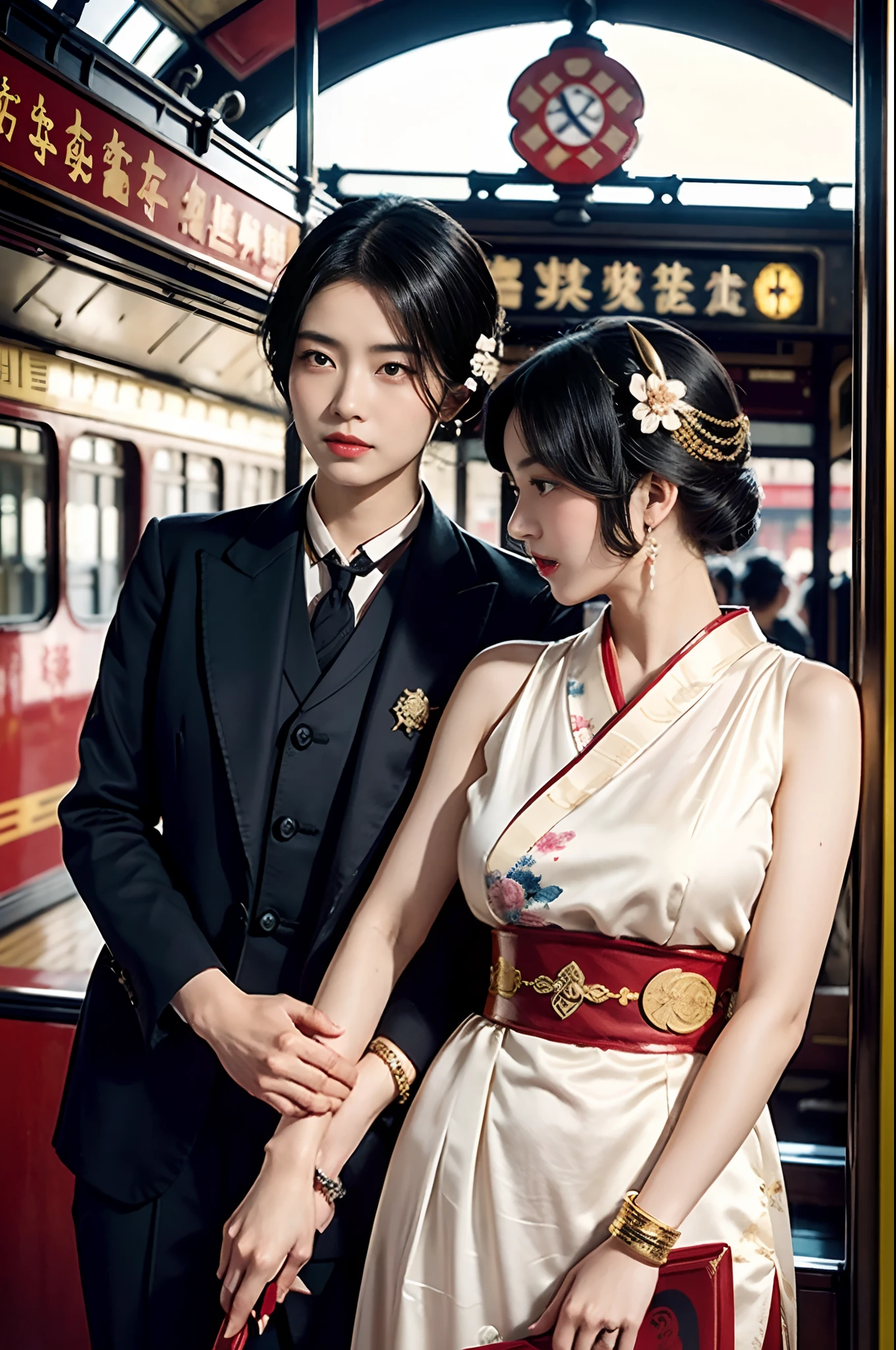 A movie poster，An old-fashioned steam train approached the tracks,Old fashioned British style train station,masterpiece,RAW photogr,hyper qualit, ultra - detailed,Perfect drawing,Two beautiful girls, Lovers, lesbians,(in the railway station 1920's Shanghai,retro train background:1.6),(Geisha hairstyle,Geisha hairstick:1.6,Geisha hair ornament,armlets, bangle:1.3),Dodge kisses,bauhaus, bulgari, official valentino editorial,half-open lips, Suck your lips firmly, Drooling, elegant, Brilliant, Beautiful, Blush (0.2), Gorgeous, Beautiful, Gorgeous, gentle, Starry sky, Milky Way, Summer triangle, Tanabata and bamboo ornaments, Precise drawings, a detailed drawing,