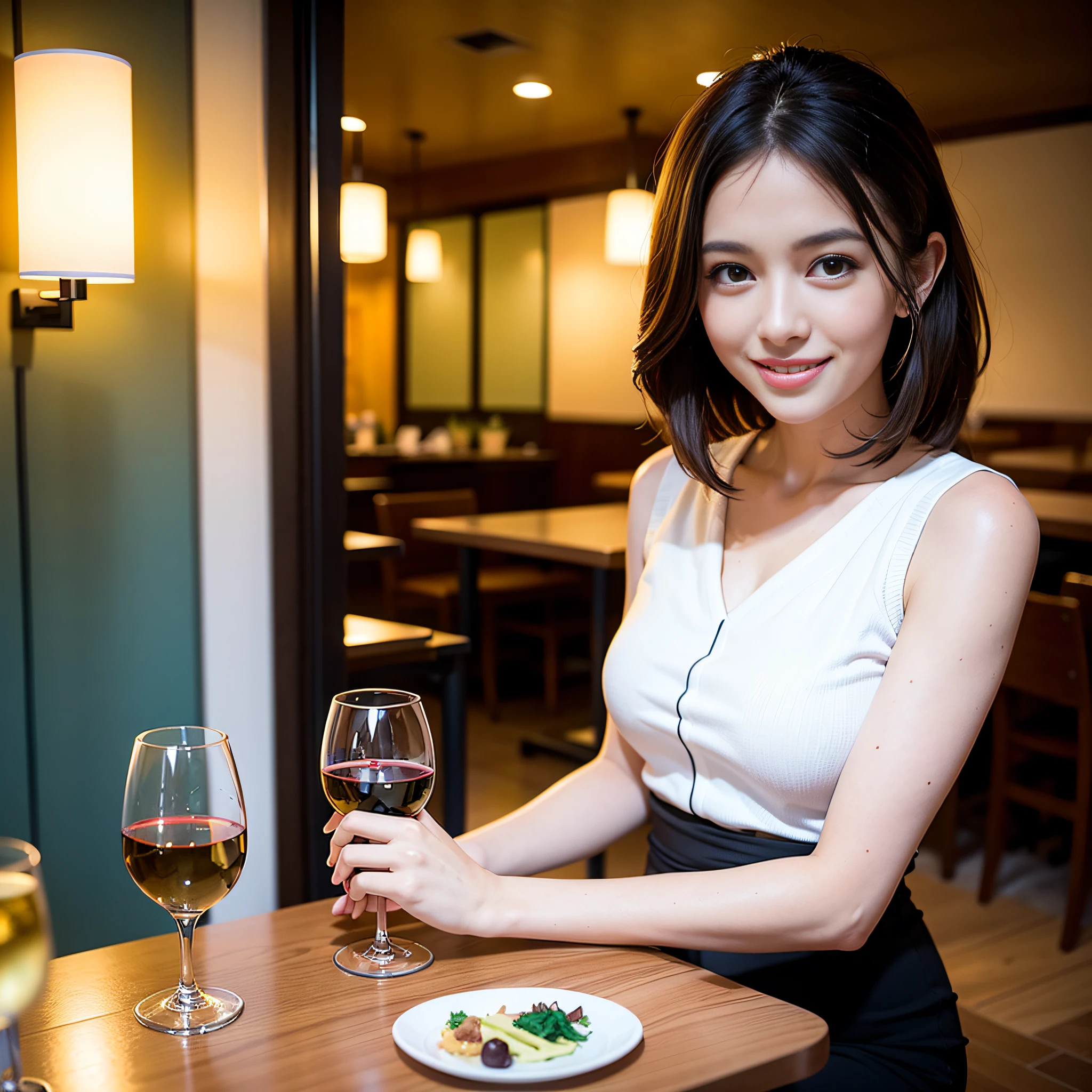 (64K, UHD, top quality, masterpiece: 1.2), (realistic, photorealistic: 1.37), super detailed, pretty woman 1 person, (slim face), (slim body), (brown hair), (short cut), cheeks slightly blushing, (44 years old), 38 years old, solo, beautiful detailed urban night view outside the window, restaurant, wine glasses sit, at night, in a prominent placeNovaFrogStyle, Actress, Model, Waist Up, White Wine, Slim, Wine Glass, Super Clean Night View, Wine Glass Put in the Middle, Happy Smile, (Smile: 1.15), Beautiful Fine Eyes, Upper Body, Bust Japan Up, Night, Short, Short, Actress, Model, Waist Up, White Wine, Slim, Wine Glass, Super Clean Night View, Wine Glass Put in the Middle, Happy Smile,