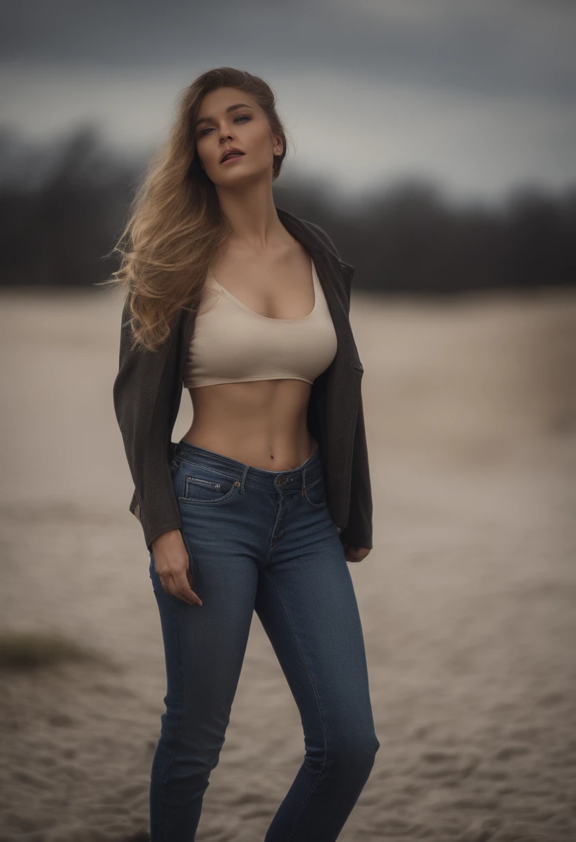 masterpiece, best quality, rear view, sexy blonde goddess, perfect curvy body, tight blue jeans, dark bar, standing