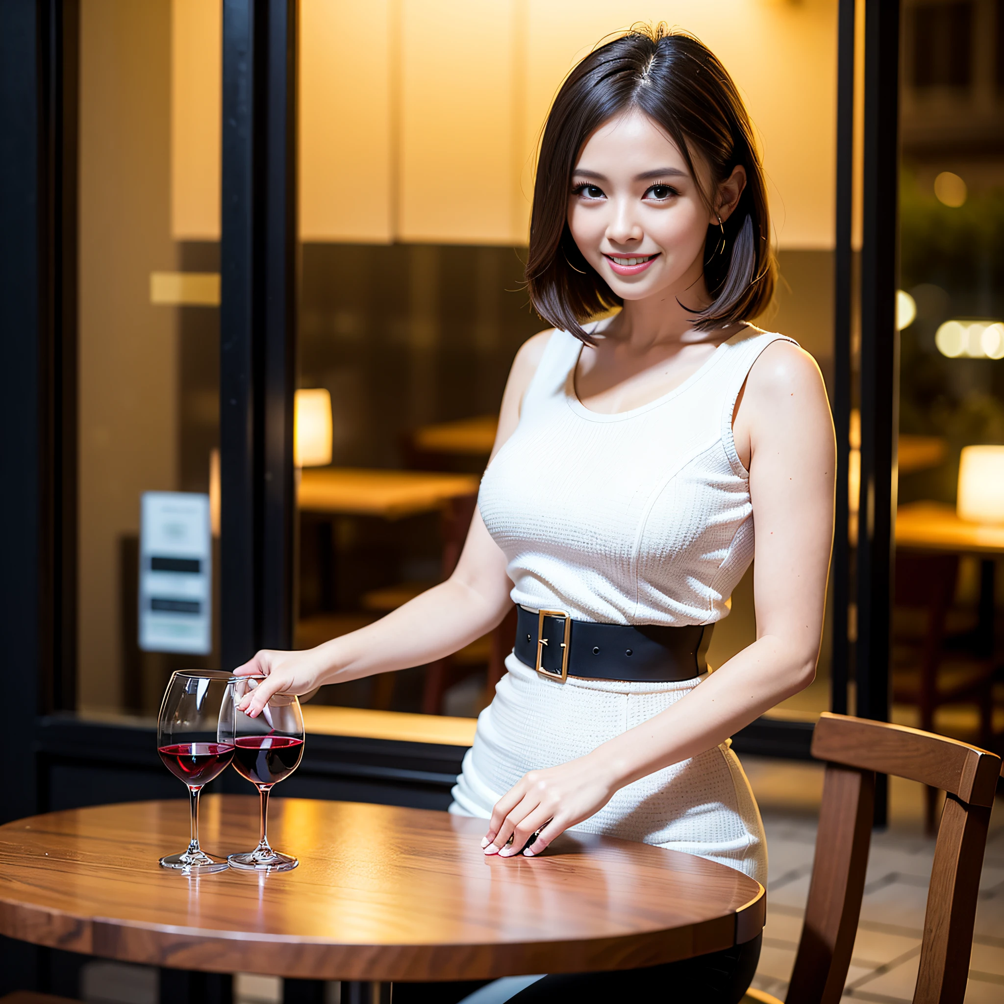 (64K, UHD, top quality, masterpiece: 1.2), (realistic, photorealistic: 1.37), super detailed, pretty woman 1 person, (slim face), (slim body), (brown hair), (short cut), cheeks slightly blushing, (44 years old), 38 years old, solo, beautiful detailed urban night view outside the window, restaurant, wine glasses sit, at night, in a prominent placeNovaFrogStyle, Actress, Model, Waist Up, White Wine, Slim, Wine Glass, Super Clean Night View, Wine Glass Put in the Middle, Happy Smile, (Smile: 1.15), Beautiful Fine Eyes, Upper Body, Bust Japan Up, Night, Short, Short, Actress, Model, Waist Up, White Wine, Slim, Wine Glass, Super Clean Night View, Wine Glass Put in the Middle, Happy Smile,