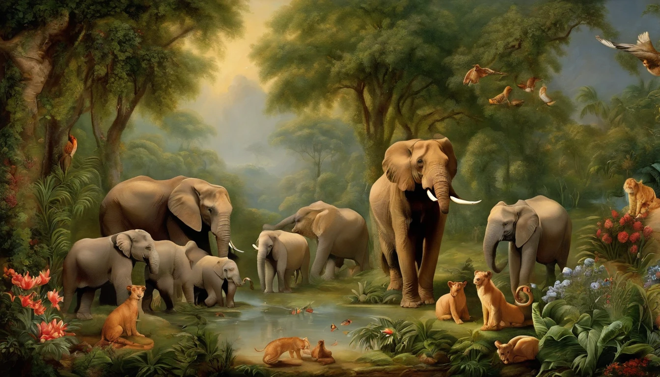 Adam and Eve in the Garden of Eden, rodeado de animales y plantas de todo el mundo. Adam and Eve are shown standing in the center of the image., frente a Dios. God is standing over them, with His hands lifted up in blessing. Around Adam and Eve there are a variety of animals, incluyendo leones, tigres, Osos, Elefantes, Jirafas, birds, y pescado. There are also a variety of plants, including trees, flores, y frutas. The overall mood of the painting is one of peace, abundancia, and harmony.
