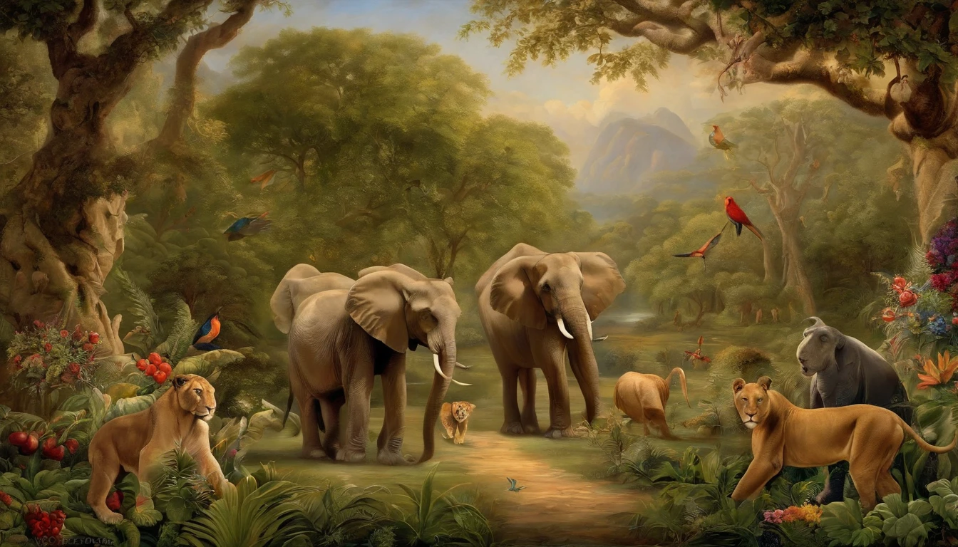 Adam and Eve in the Garden of Eden, rodeado de animales y plantas de todo el mundo. Adam and Eve are shown standing in the center of the image., frente a Dios. God is standing over them, with His hands lifted up in blessing. Around Adam and Eve there are a variety of animals, incluyendo leones, tigres, Osos, Elefantes, Jirafas, birds, y pescado. There are also a variety of plants, including trees, flores, y frutas. The overall mood of the painting is one of peace, abundancia, and harmony.