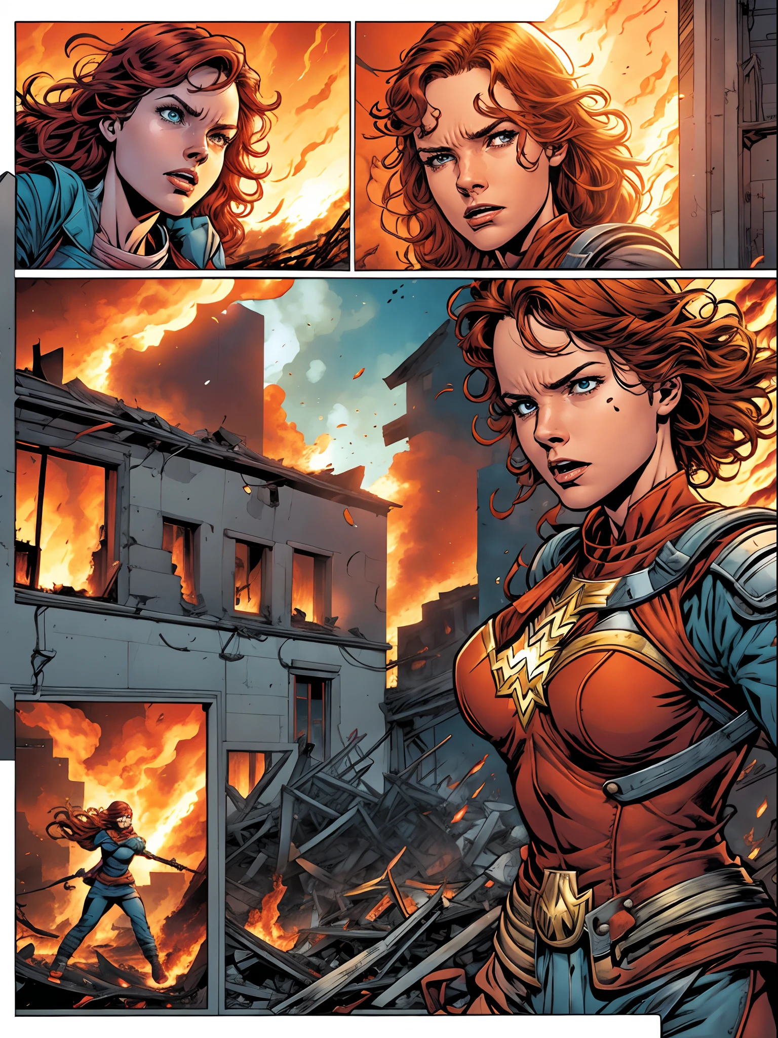 comic strip,A woman works in an office，The building is on fire，In the room on fire，The woman was caught in the fire