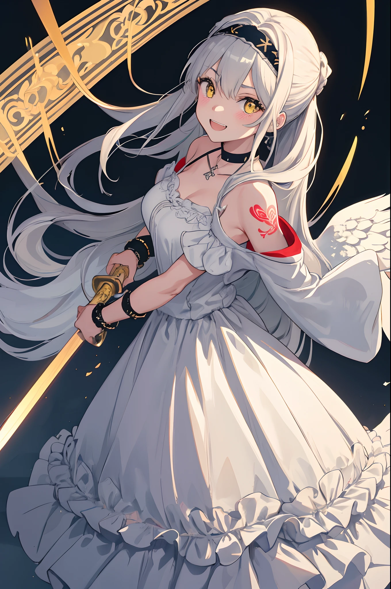 (​masterpiece)、(best qualtiy)、(ultra-detailliert)、(illustratio)、(1 girl in)、(interview)、(simple background)、fine, beautiful yellow eyes、Ash gray hair、Fashion in white tones、Separate Wear、Mysterious fashion、Delicate beautiful face、roundly eyes、(a high chroma)、(brilliance)、peer in from below、Focus from above、Half-taken off hoodie、poneyTail、Weeping hair、The best lighting、Best Shadows、Wide forehead、accessorized、shairband、Give bangs in a headband、arm band、a choker、A bracelet、a necklace、Tattoo on the arm、A distinctive smile with double teeth that grins、A white world spreads all over the heavens、Cute angels dance、Backgrounds with depth、canine teeth、swordsmen、Swordsman equipment、red blush、despise、Angle from below、Large wings grow from the back、The body is floating、angelicales、Remote Snap