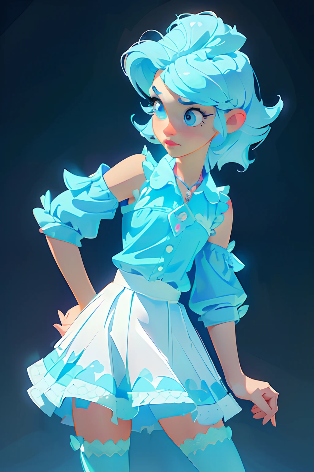 Cute boy  (pastel yellow skin), (blue hair, side parted hair, stylisy hair cut, blue eyes.(white tanktop, blue skirt with blue butterfly details:1.0), blur boots, blue polka dot stockings, nature background,  (realistic:1.2),  (masterpiece:1.2), (full-body-shot:1.2),(Cowboy-shot:1.2), neon lighting, dark romantic lighting, (highly detailed:1.2),(detailed face:1.2), (gradients), colorful, detailed eyes, (detailed landscape:1.2), (natural lighting:1.2),(detailed background), detailed landscape, (cute pose:1.2), solo,