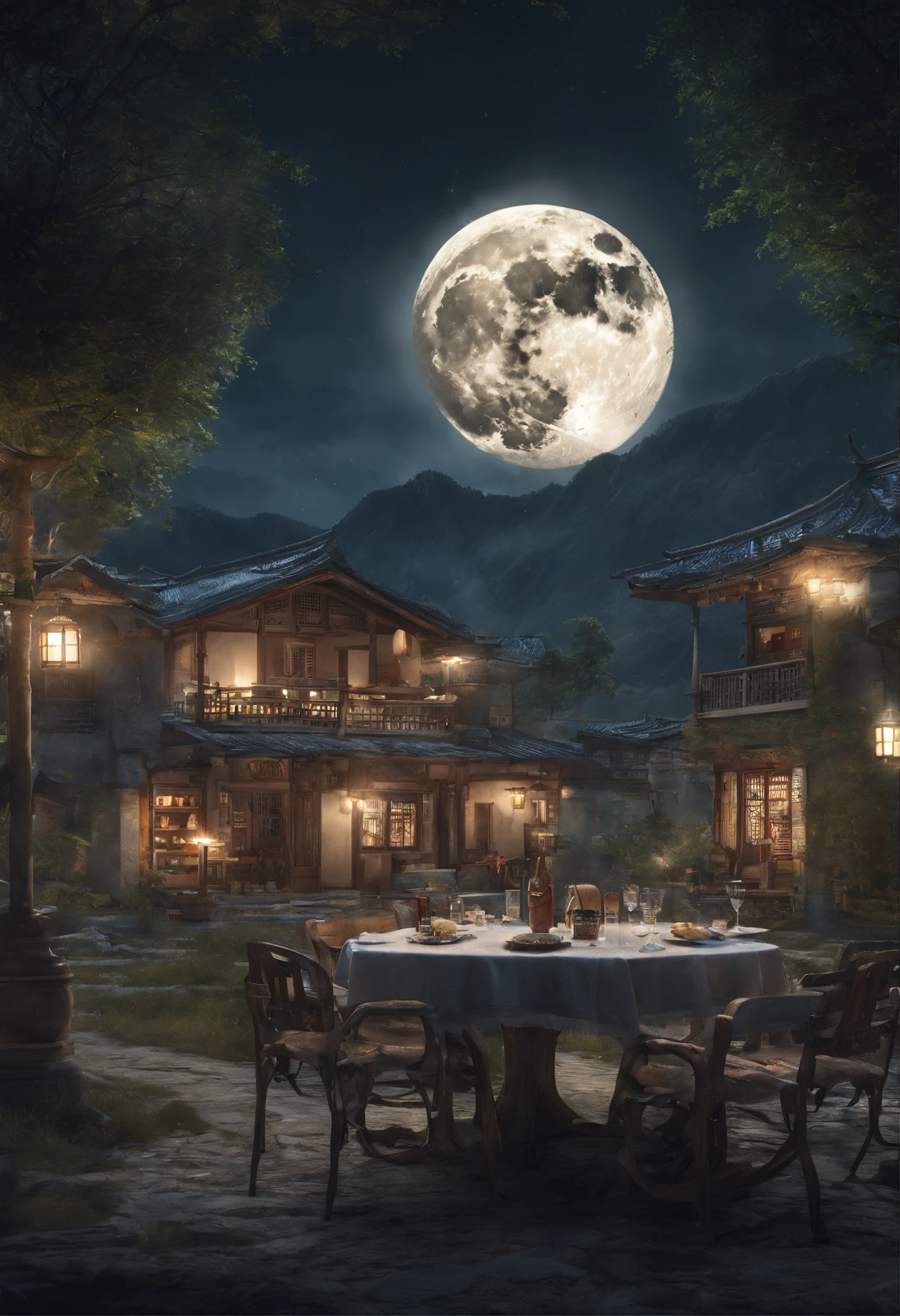 In the night,moon full,Silver moonlight illuminates the earth,Fantastical Atmosphere,A courtyard with tables,The house near the courtyard is low,Wine and mooncakes on the table,The family of three sat around a table,Outside the courtyard is the village,Mountains in the distance,The moon hangs halfway up the mountain