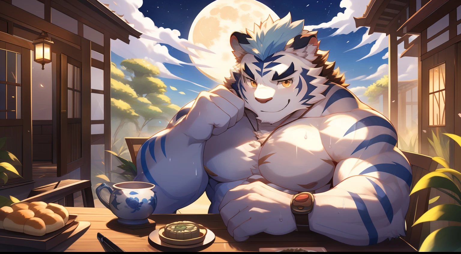 tmasterpiece,the night,Anthropomorphic white tiger,male people,26 year old,thick bushy eyebrows,Light blue fur,Strong body,large pecs,Bare topless,Pink milk clusters,white fundoshi,medium bulge,Sit at the table,drinking tea,A cup of green tea,Moon cake,sweat leggs,ssmile,Be red in the face,looking toward the viewer,Golden pupils,Strong,Solo,frontage,A huge full moon in the sky,Auspicious clouds,Kongming Lantern,courtyard,green plant,blossoms,