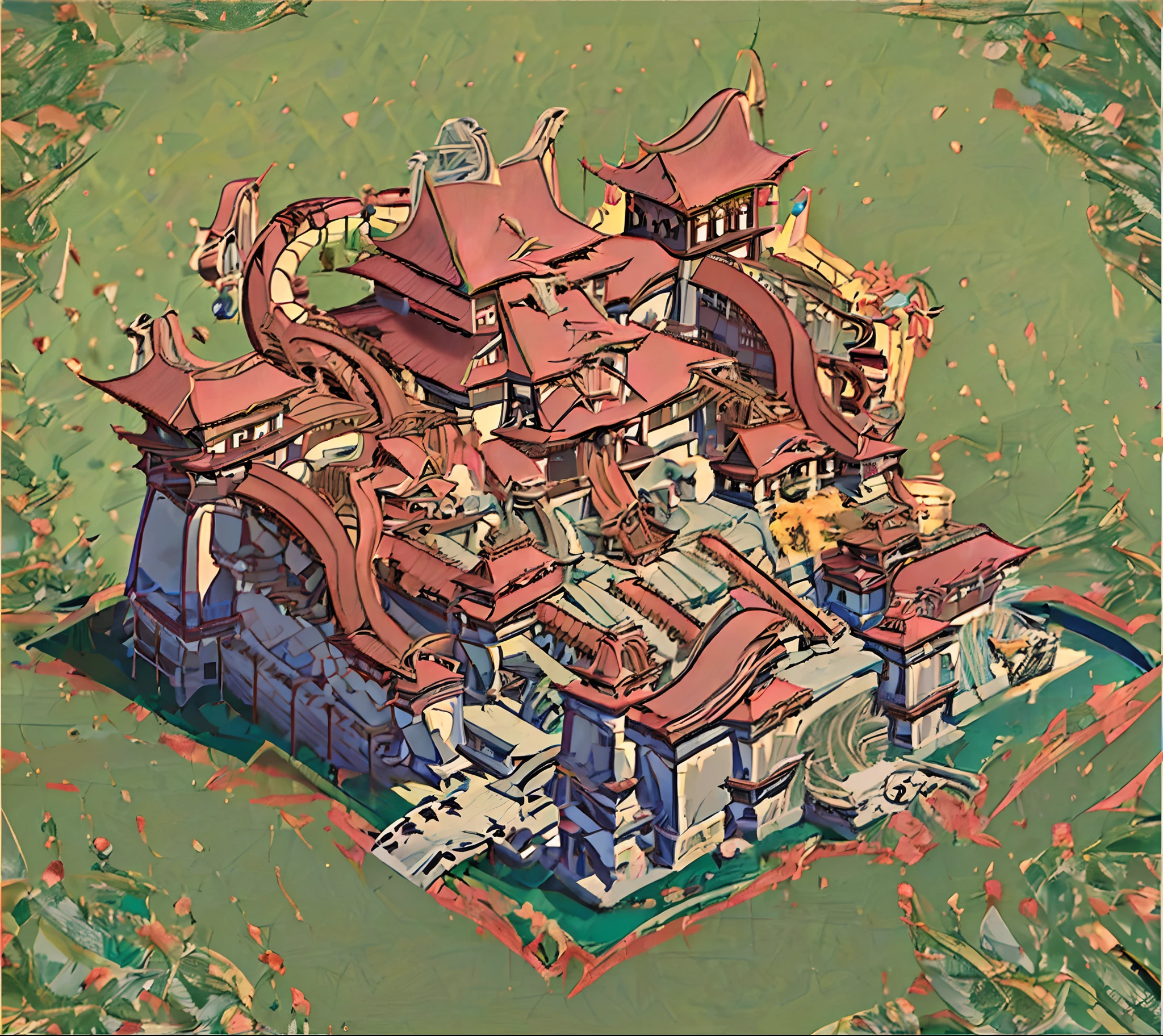 Close-up of the building，There is a dragon on it, Beautiful rendering of the Tang Dynasty, fortress mega structure city, Tang Dynasty Palace, Chinese style buildings, monumental giant palace, large temples, Ancient temple, chinese three kingdoms, feudal japanese setting，SLG games，Top angle of view